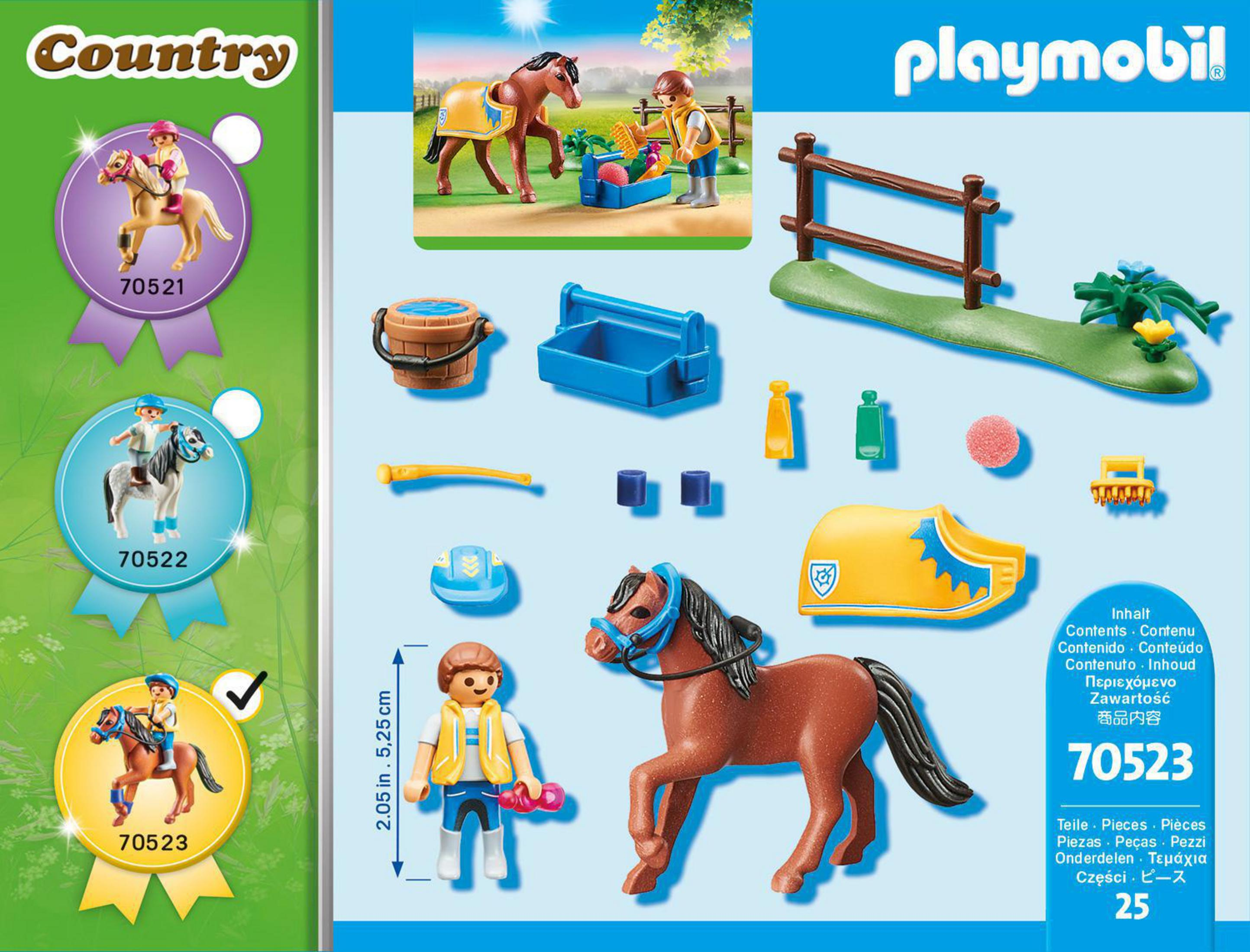 Playmobil-Box mit mehreren Figuren und Zubehör. Enthält Pferd, Junge und verschiedene Reitausrüstung.