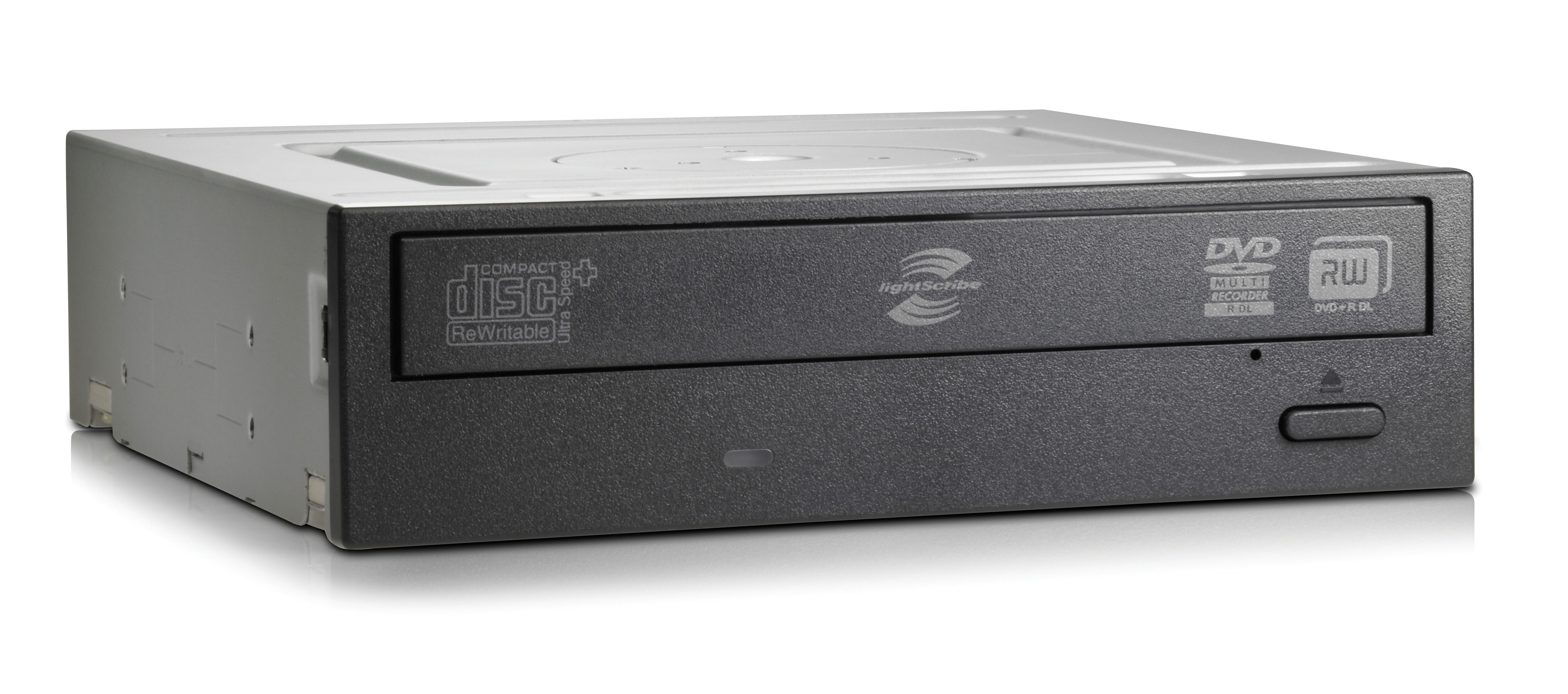 Unidad de DVD negra con logotipos Compact Disc y LightScribe. El frente es negro y simple.