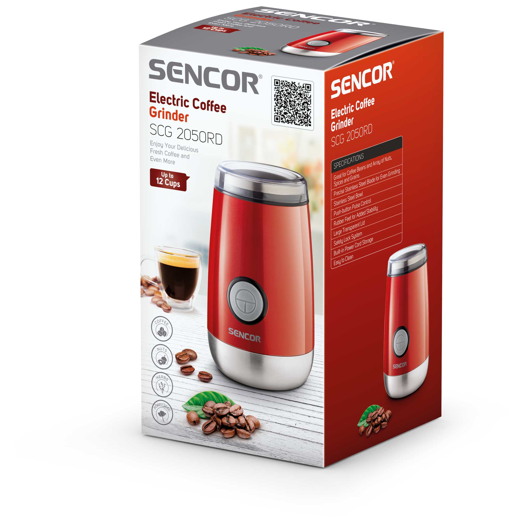 Die Verpackung eines roten elektrischen SENCOR-Kaffeemahlers mit Kaffeebohnen und einer Tasse Kaffee.
