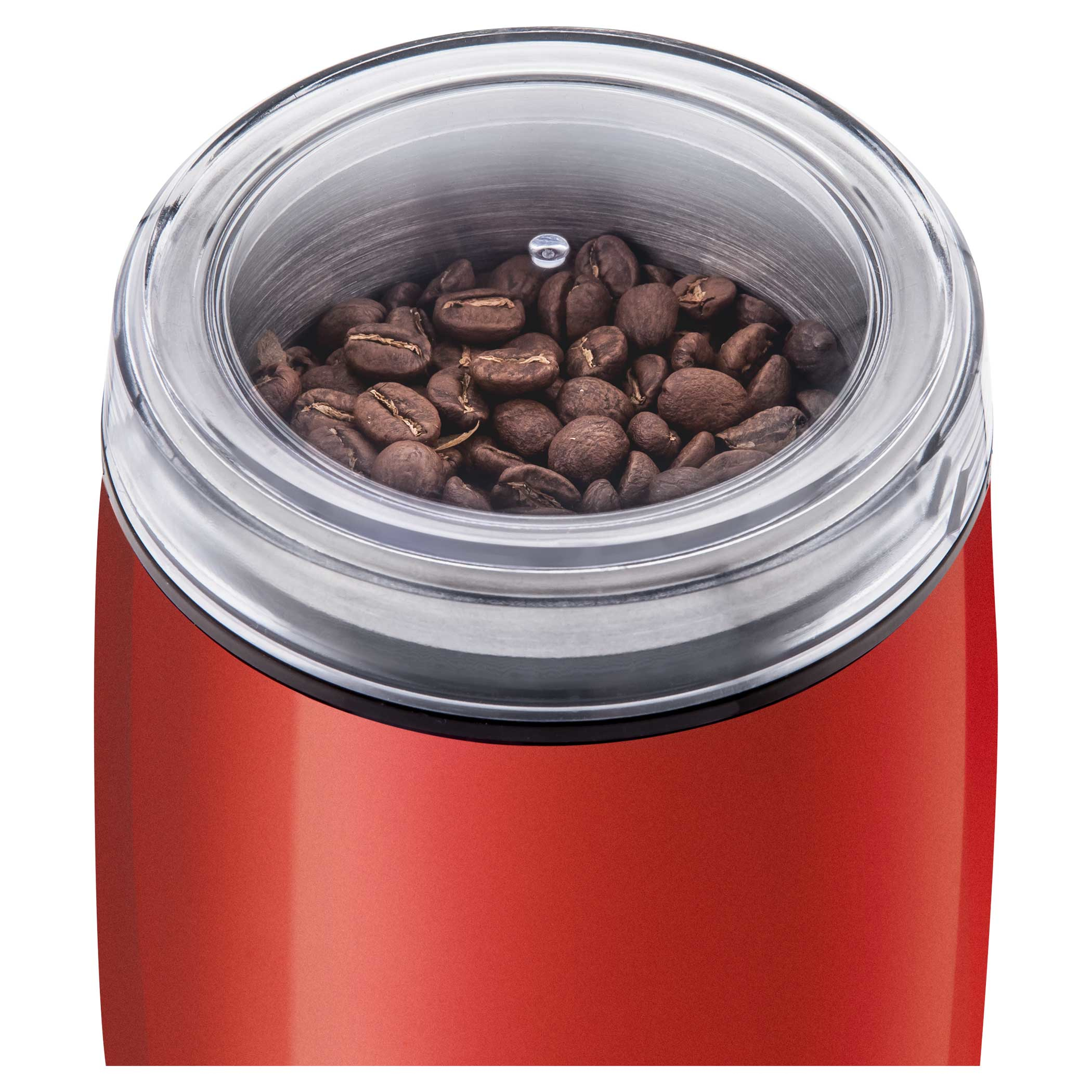 Draufsicht auf eine rote Kaffeemühle, die Kaffeebohnen im Inneren zeigt.