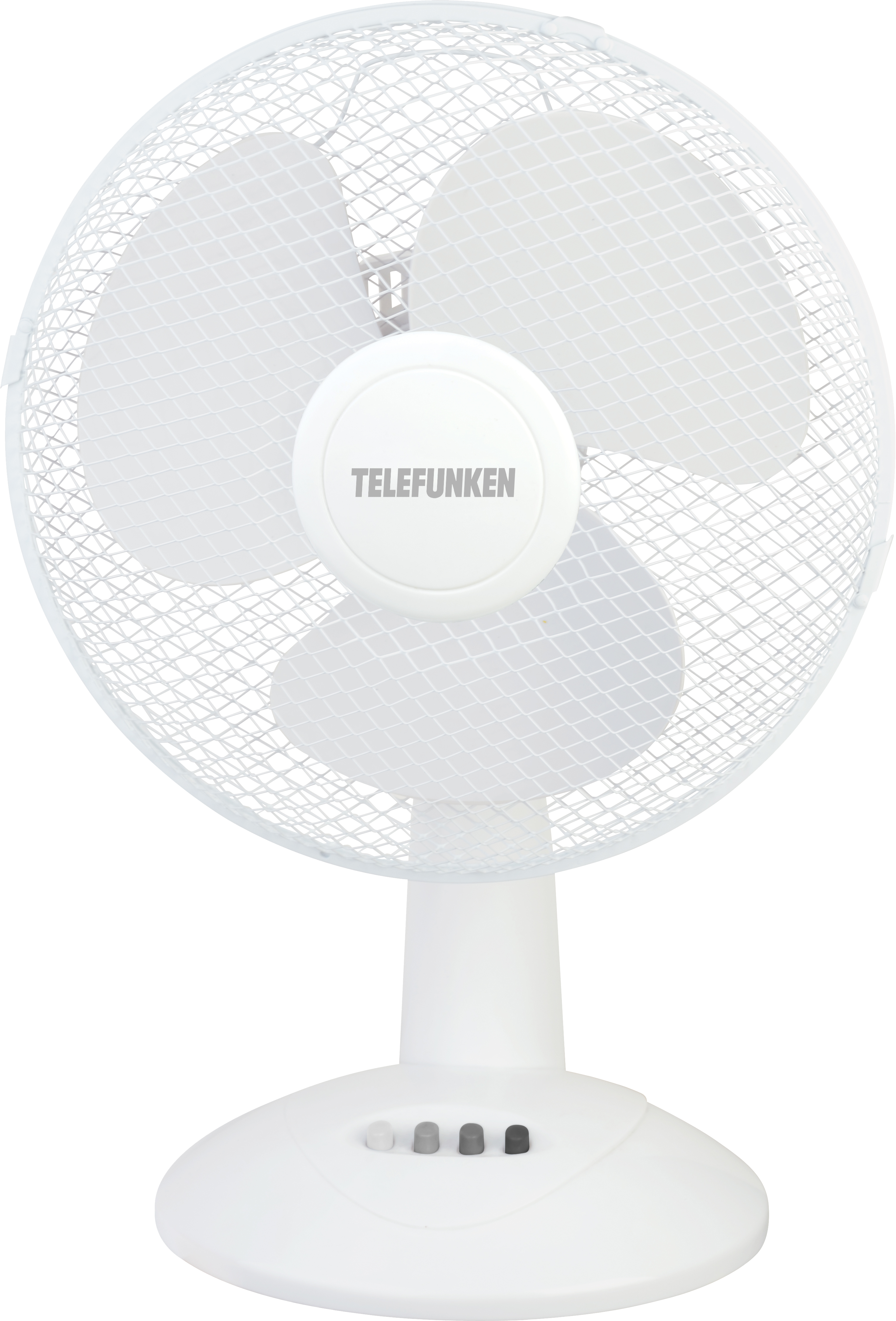 Biały wentylator Telefunken z trzema łopatkami, chroniony metalową kratką, na białym stojaku.