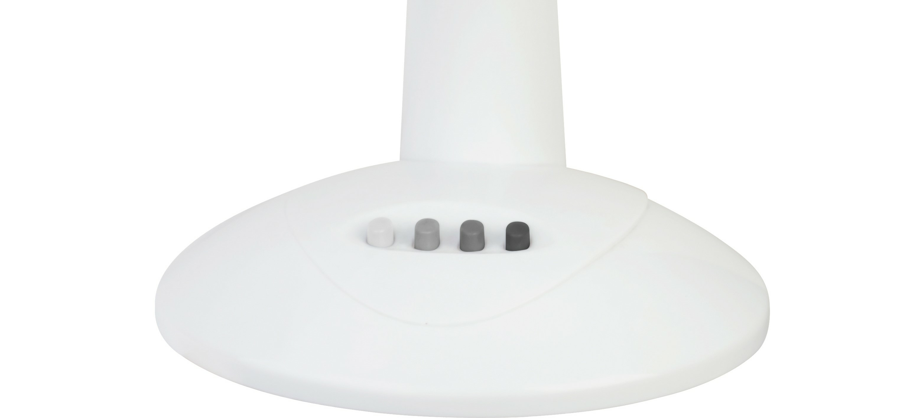 Białe urządzenie z czterema szarymi przyciskami sterowania. Ma zaokrągloną podstawę i białą górę.