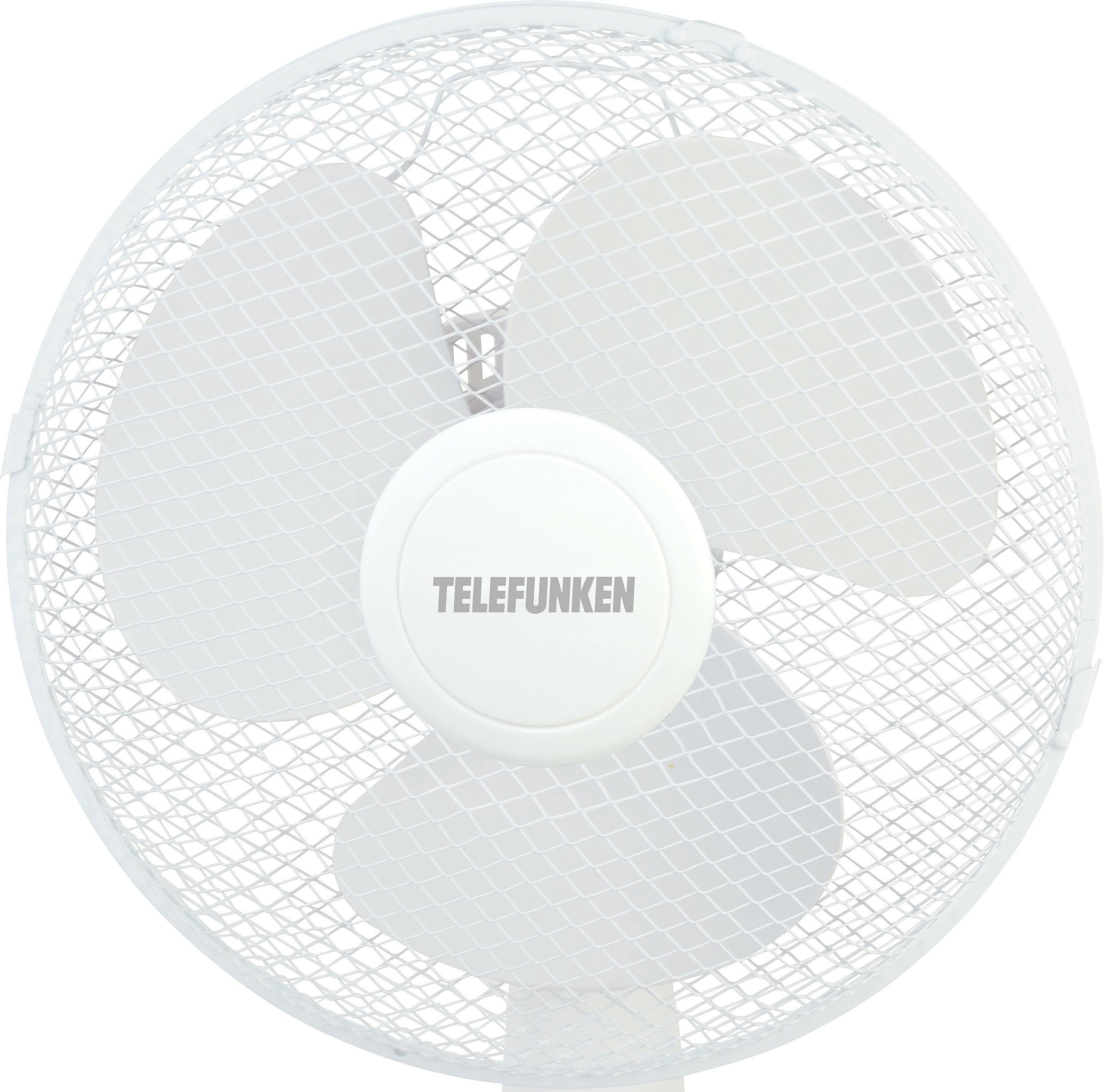 Biały wentylator Telefunken z trzema łopatkami i osłoną z siatki. Ma białą podstawę i trzy przyciski.