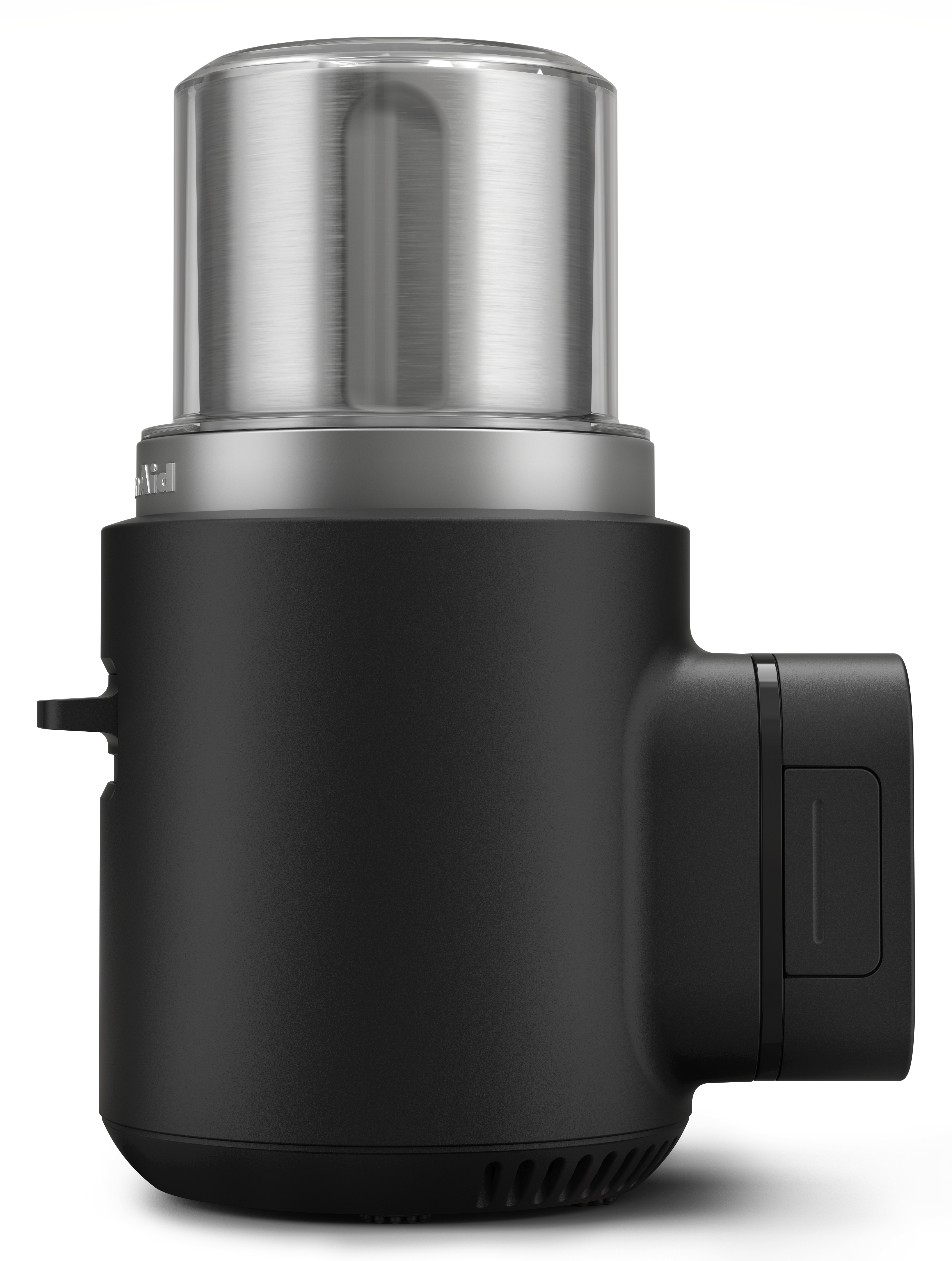 Schwarzer KitchenAid Mini-Zerkleinerer mit Edelstahl-Oberteil, Seitenansicht.