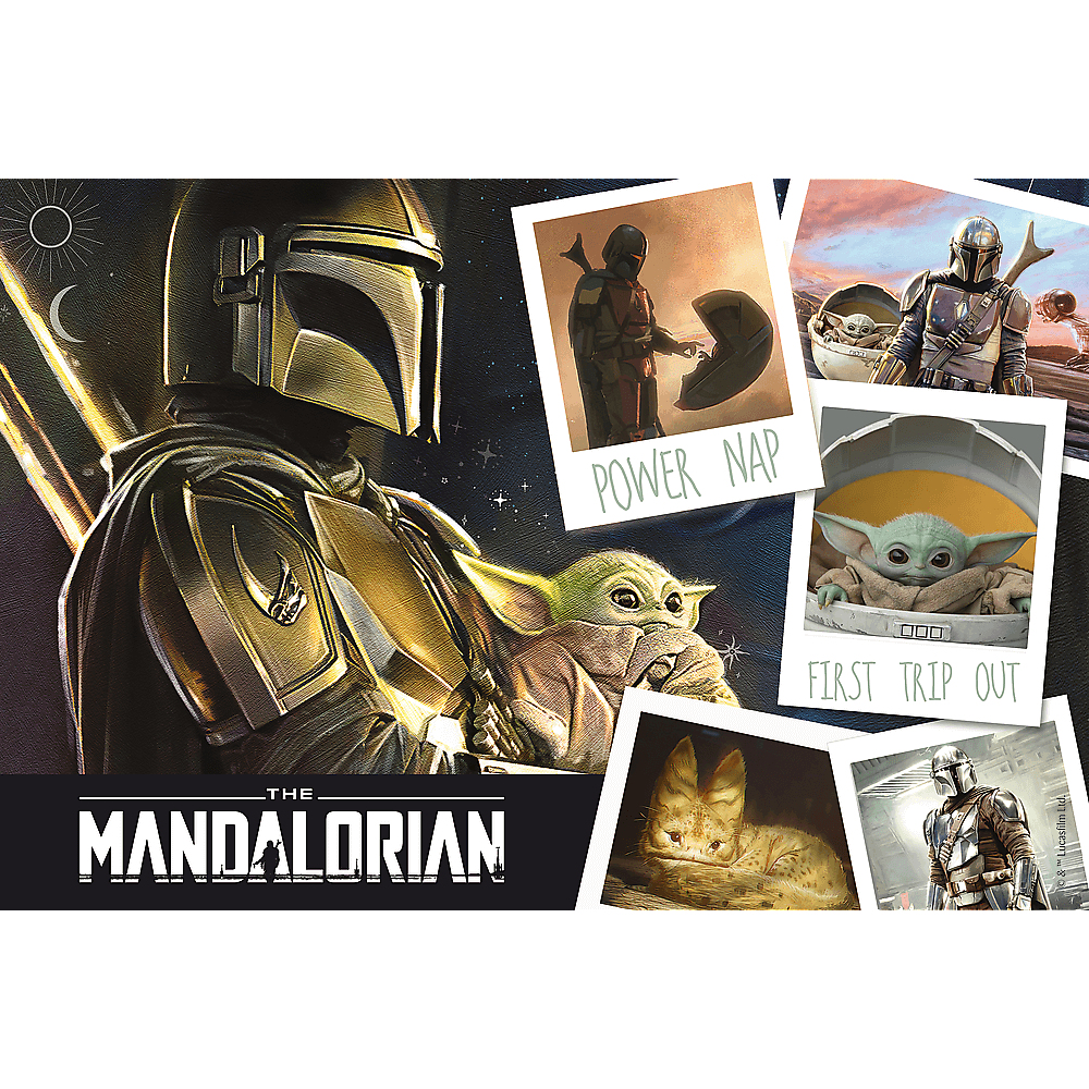 Plakat Star Wars Mandalorian ze zdjęciami Mandaloriana i Grogu, ze zdjęciami.