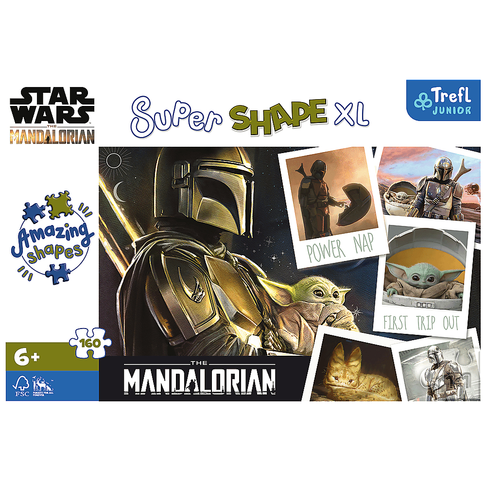 Pudełko z puzzlami Star Wars Mandalorian ze zdjęciami Mandaloriana i Grogu.