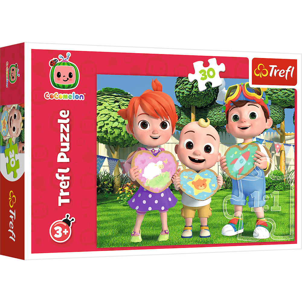 Scatola di puzzle Cocomelon con personaggi dei cartoni animati, sfondo rosso e logo Trefl.