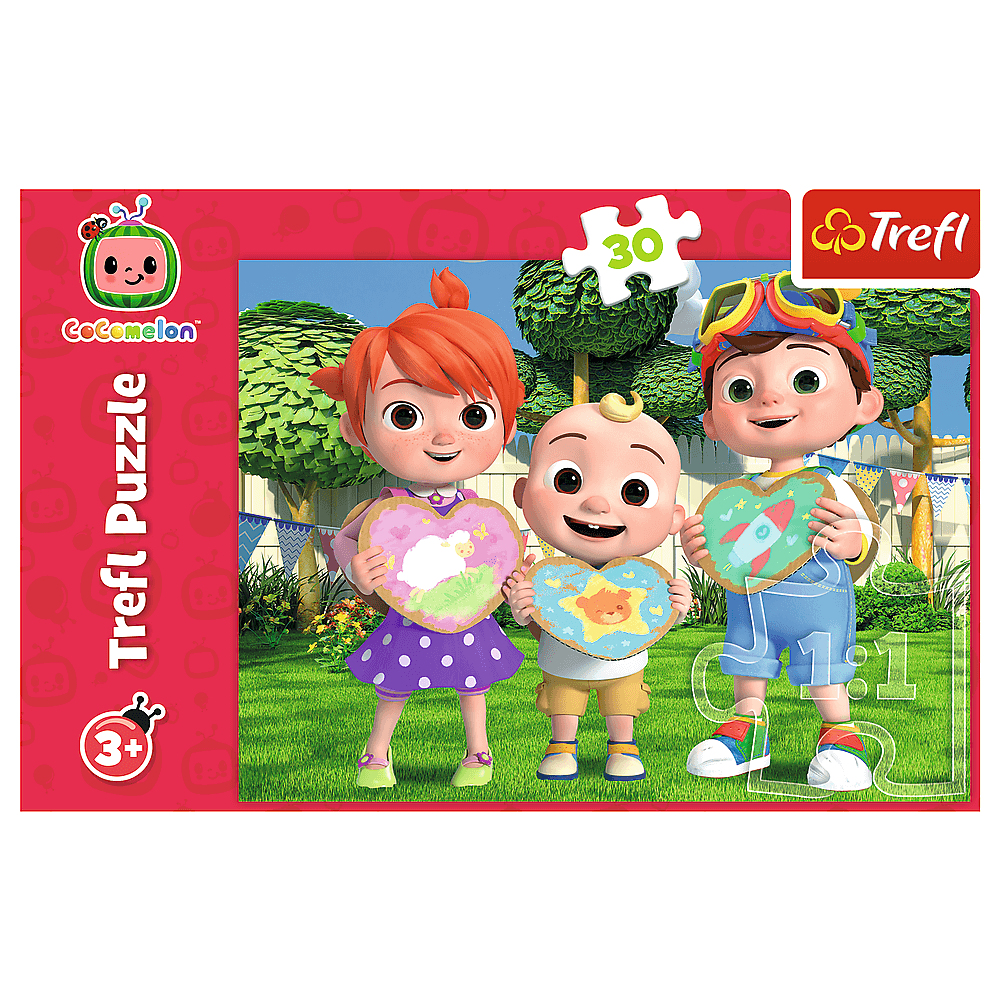 Puzzle per bambini con tre personaggi dei cartoni animati che tengono pezzi di puzzle a forma di cuore.