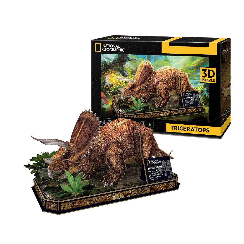 Boîte de puzzle 3D Tricératops. Montre un modèle de dinosaure et la boîte avec le logo National Geographic et des détails.