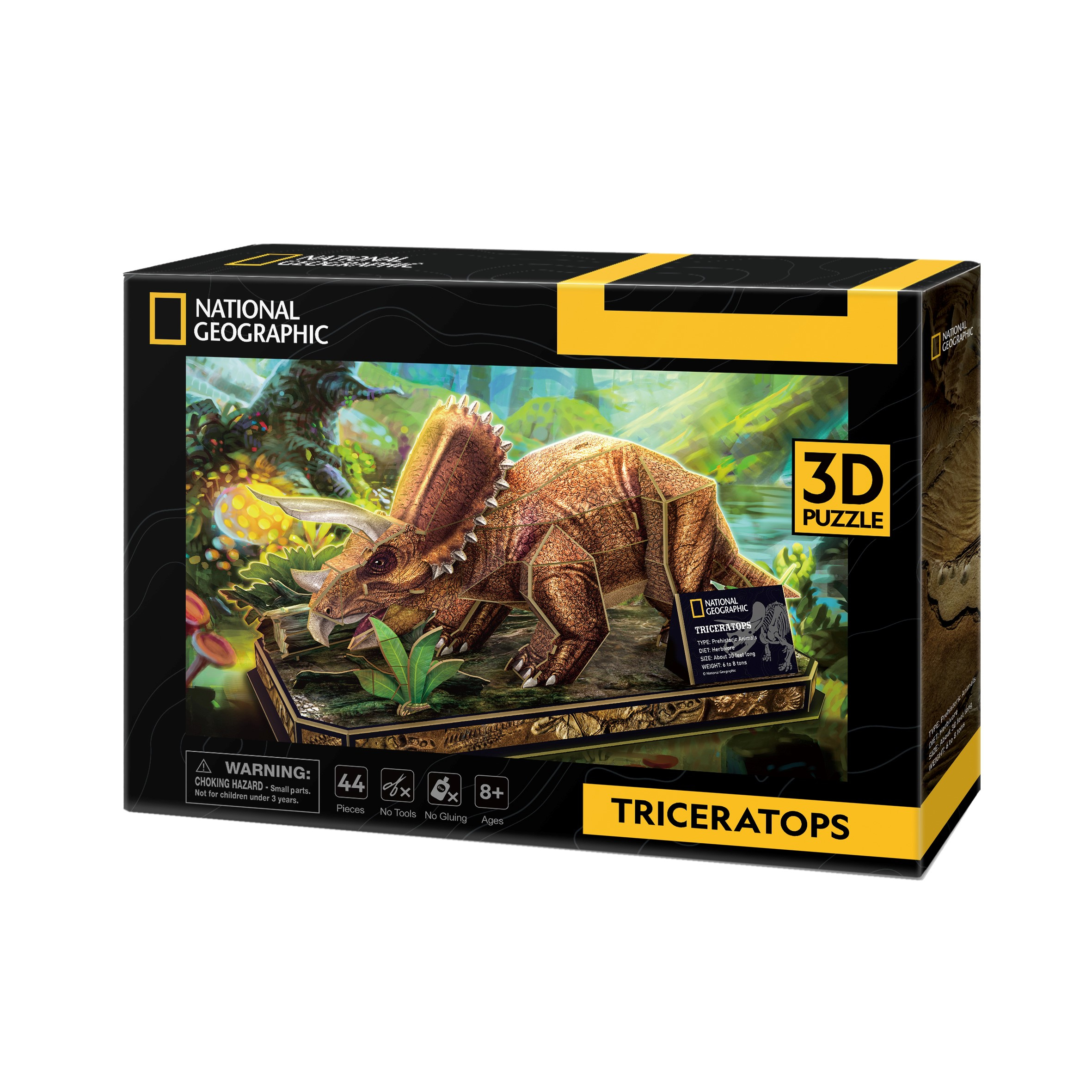 Boîte de puzzle 3D Tricératops National Geographic. La boîte montre un modèle 3D du dinosaure.