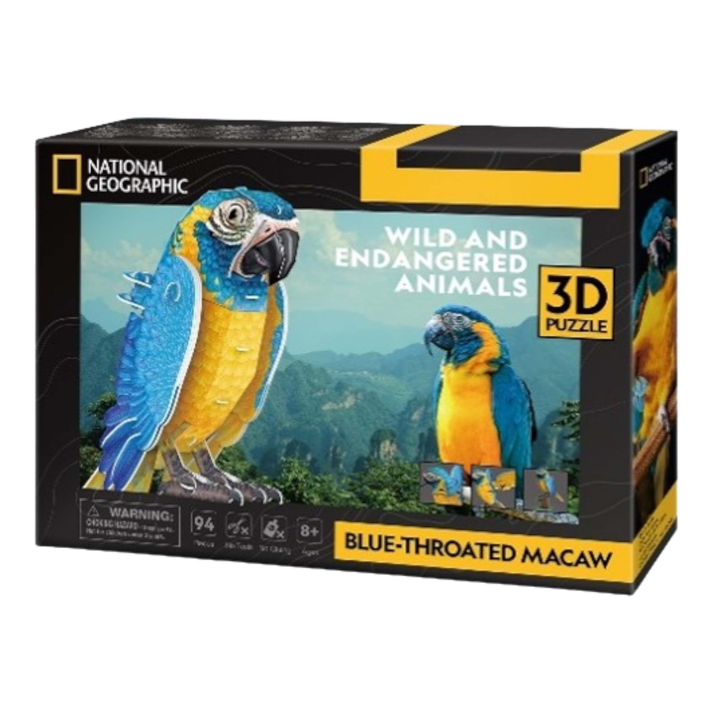 Una scatola di puzzle 3D con un'ara golablu. La scatola ha il logo National Geographic.