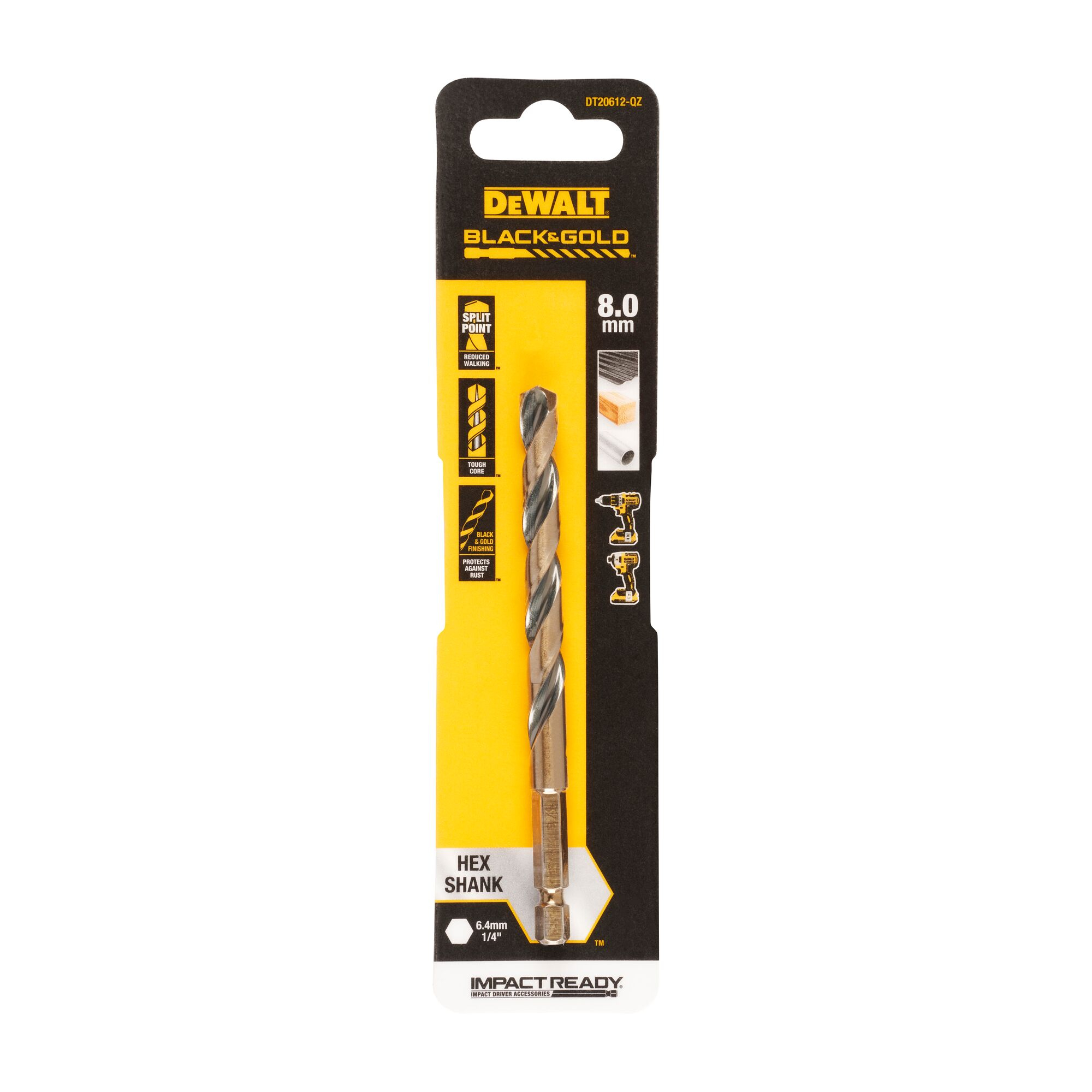 Broca DeWALT Black & Gold en un paquete con texto y una imagen de la broca.