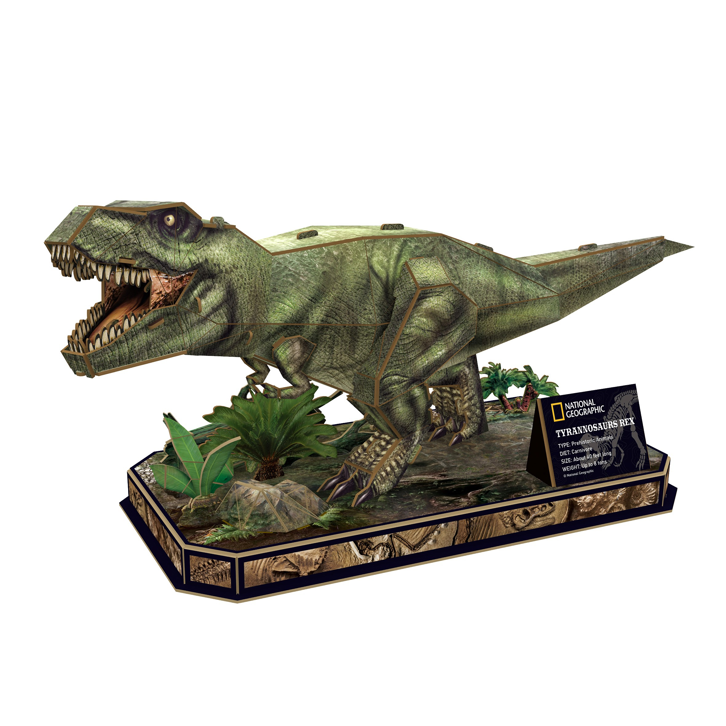 Een Tyrannosaurus Rex model. Groene en bruine dinosaurus met een bord. Op een donkere basis.
