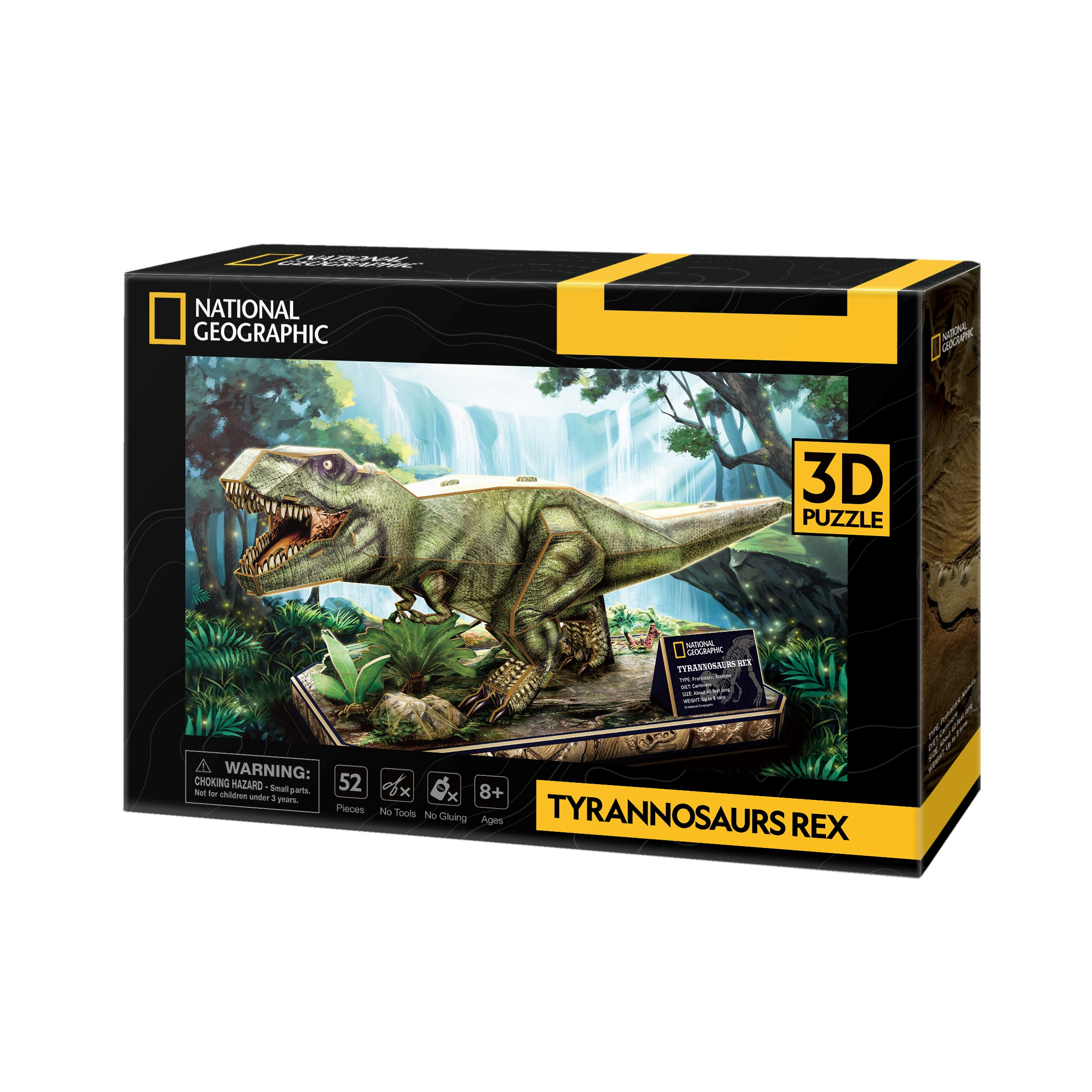 3D Tyrannosaurus Rex puzzeldoos, met een foto van de voltooide puzzel.