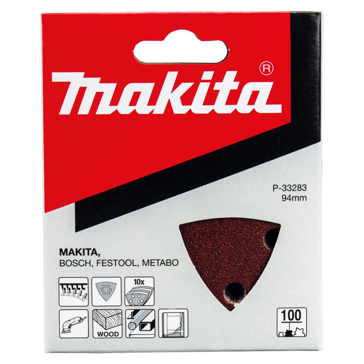 Makita Schleifblattverpackung. Rotes und schwarzes Farbschema mit einem dreieckigen Schleifblatt sichtbar.