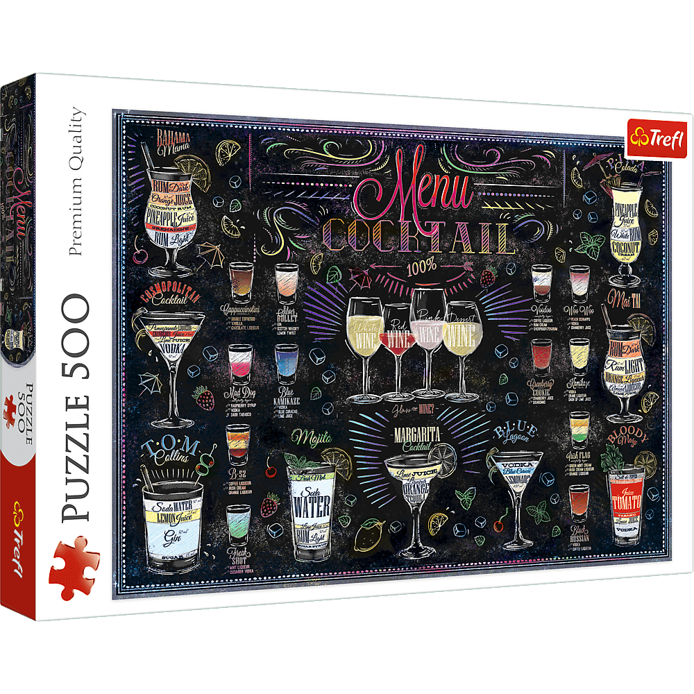Una scatola di puzzle con un menu di cocktail su uno sfondo di lavagna. Molte illustrazioni di bevande.