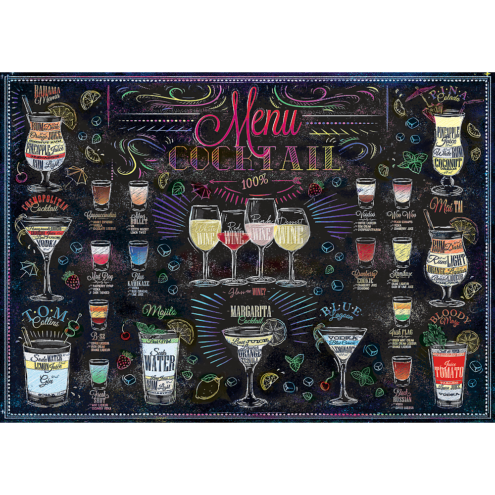 Un puzzle con illustrazioni di cocktail su uno sfondo di lavagna. Molte illustrazioni di bevande.