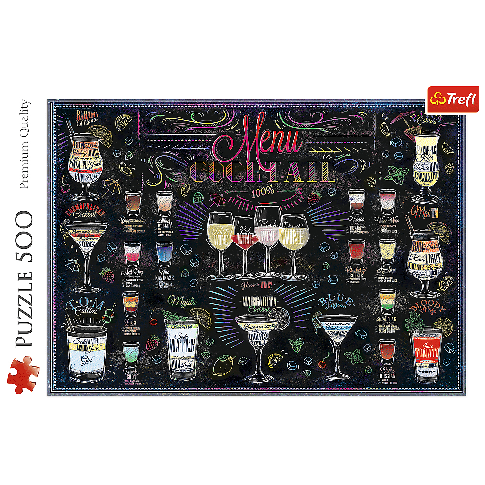 Puzzle con un menu di cocktail. Diversi cocktail e shot sono su una lavagna.