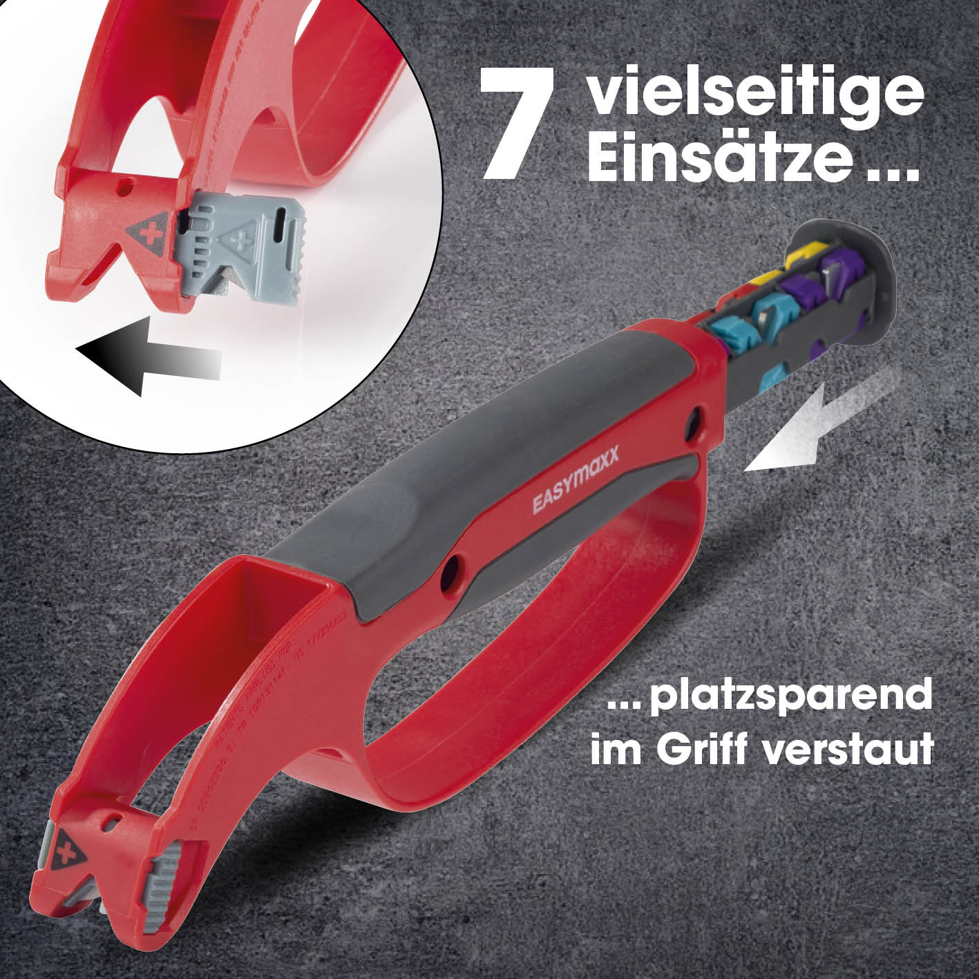 Roter und grauer Messerschärfer mit farbigen Einsätzen und Pfeilen. Es zeigt eine Nahaufnahme des Schärfers.