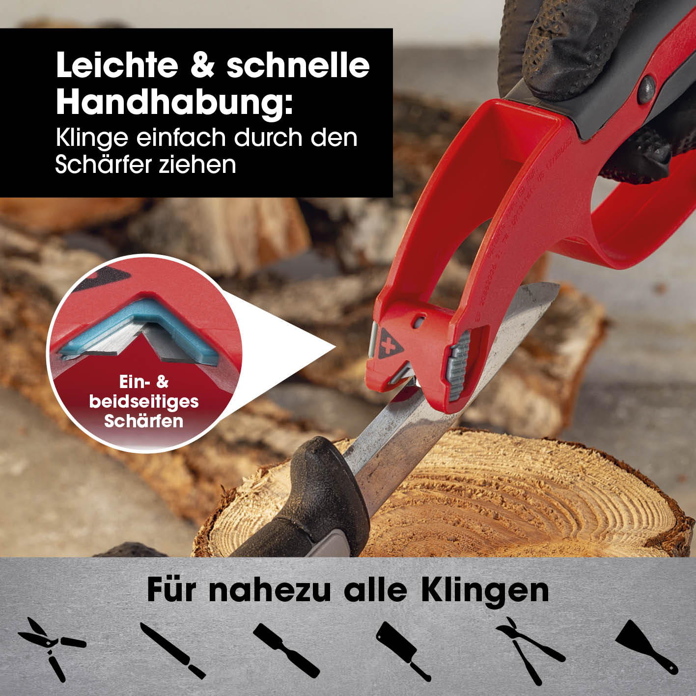 Bild zeigt Messerschärfer mit rotem Griff und schwarzem Handschuh, der ein Messer schärft.