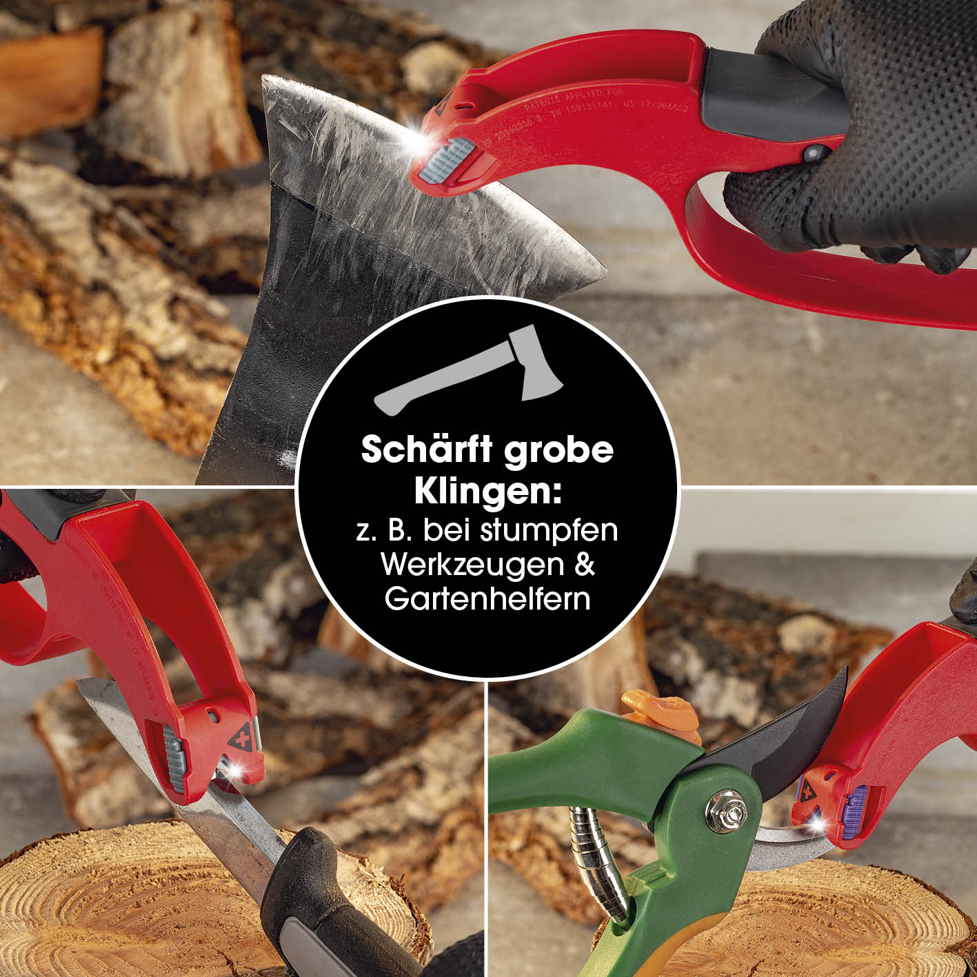 Das Bild zeigt einen Messerschärfer, der an einer Axt und Gartenscheren verwendet wird. Es zeigt auch Holz.