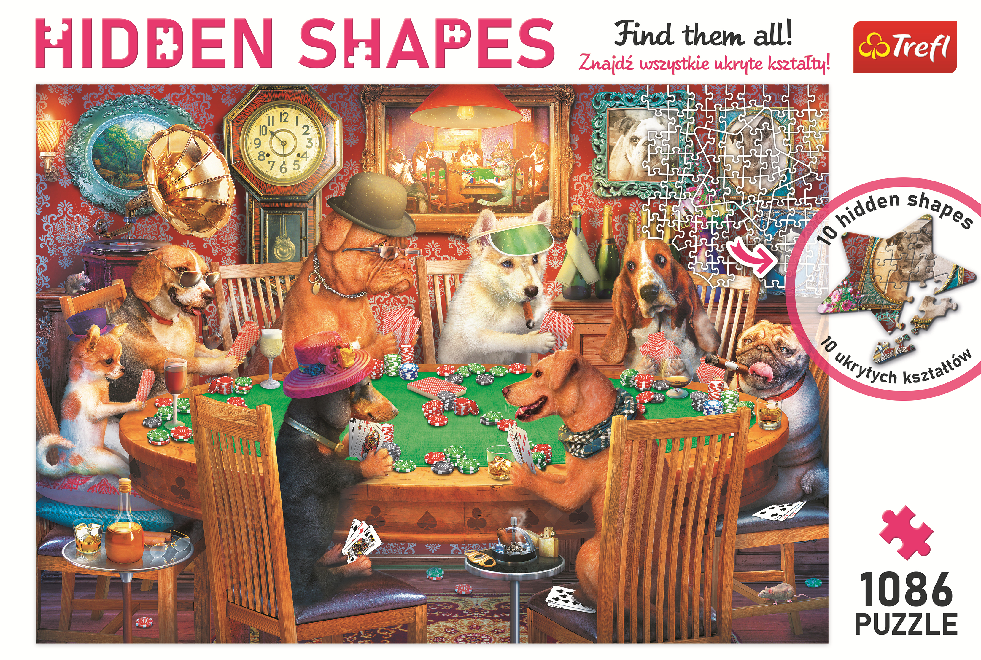 A puzzle of dogs playing poker. The room has a fireplace, a painting, and a clock.