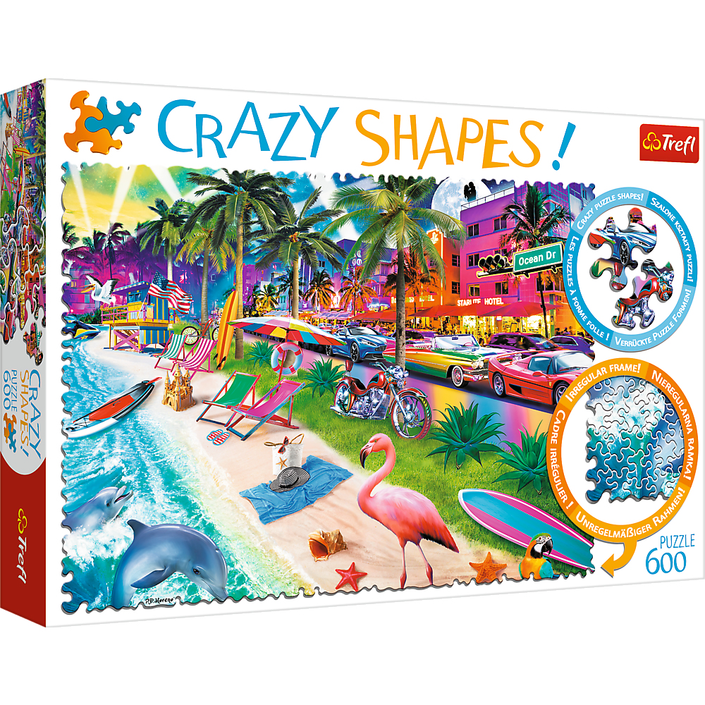 Una scatola di un puzzle con una scena di spiaggia. C'è un fenicottero, delle auto e una tavola da surf.