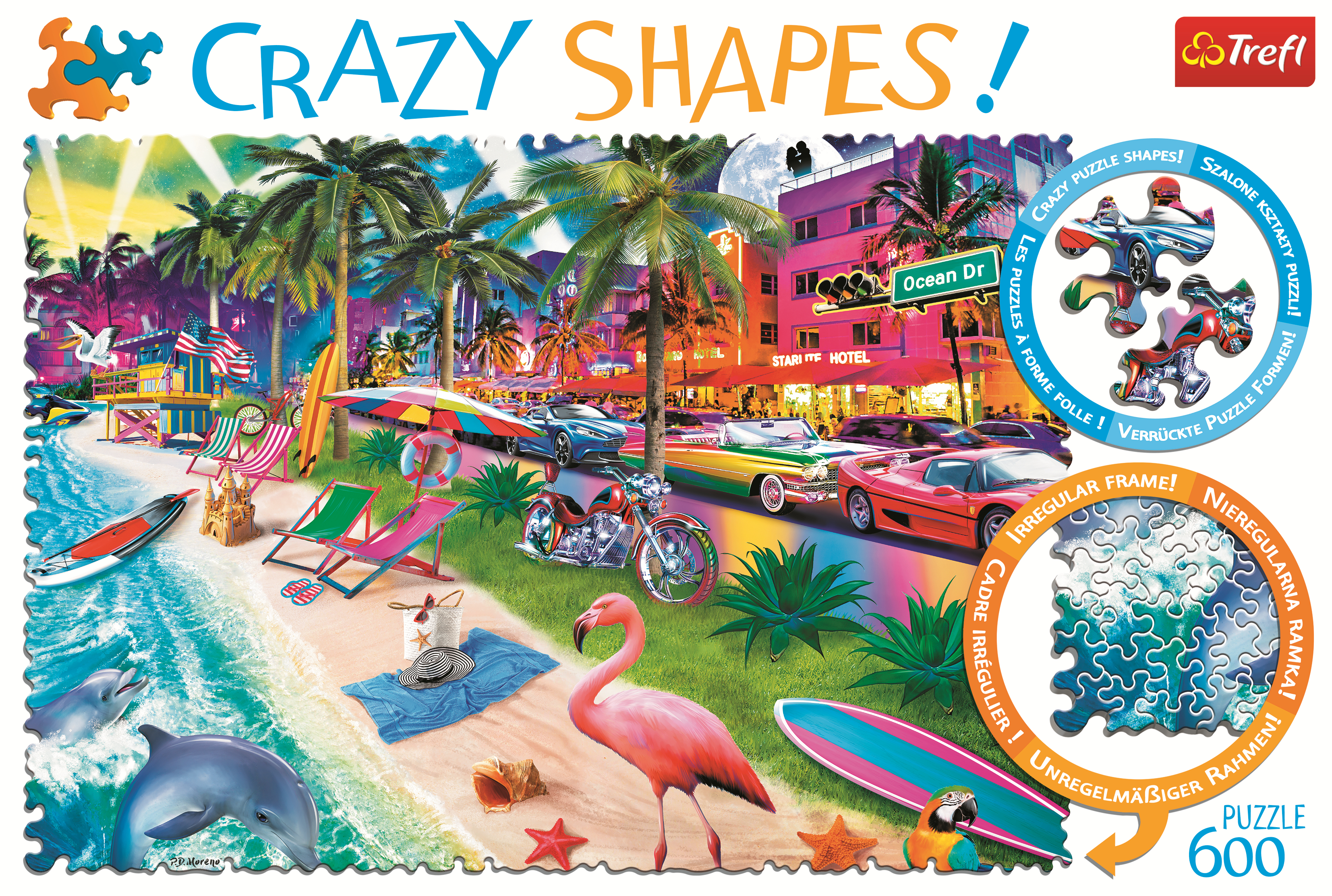 Puzzle scena spiaggia: palme, auto, sedie a sdraio, delfini e un fenicottero.
