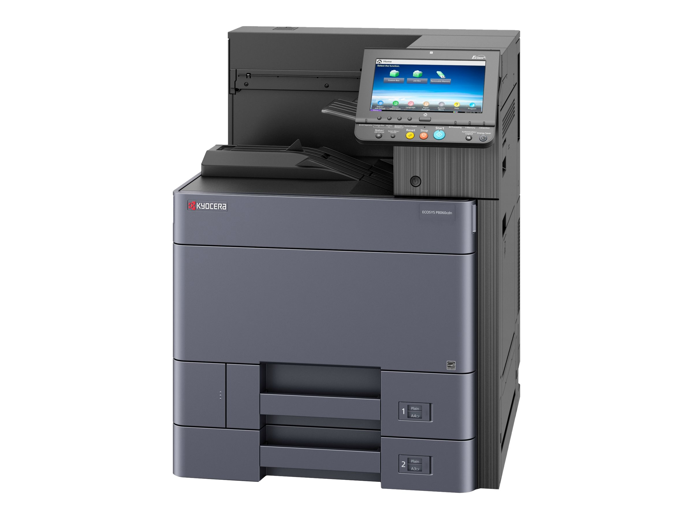 Stampante Kyocera ECOSYS con touchscreen, nero e grigio. Mostra il pannello frontale. Sfondo bianco.