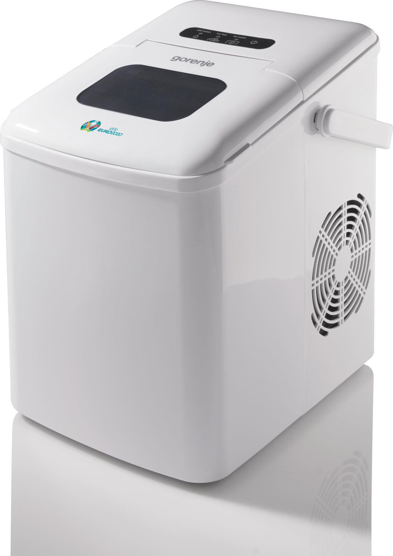 Biała maszyna do lodu z panelem sterowania, wentylatorem i czarnym blatem.