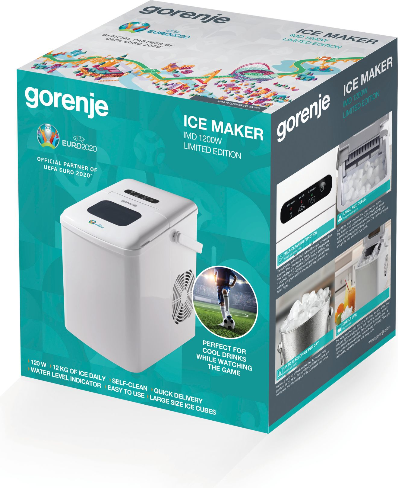 Pudełko do kostkarki Gorenje, biała kostkarka i scena piłkarska.
