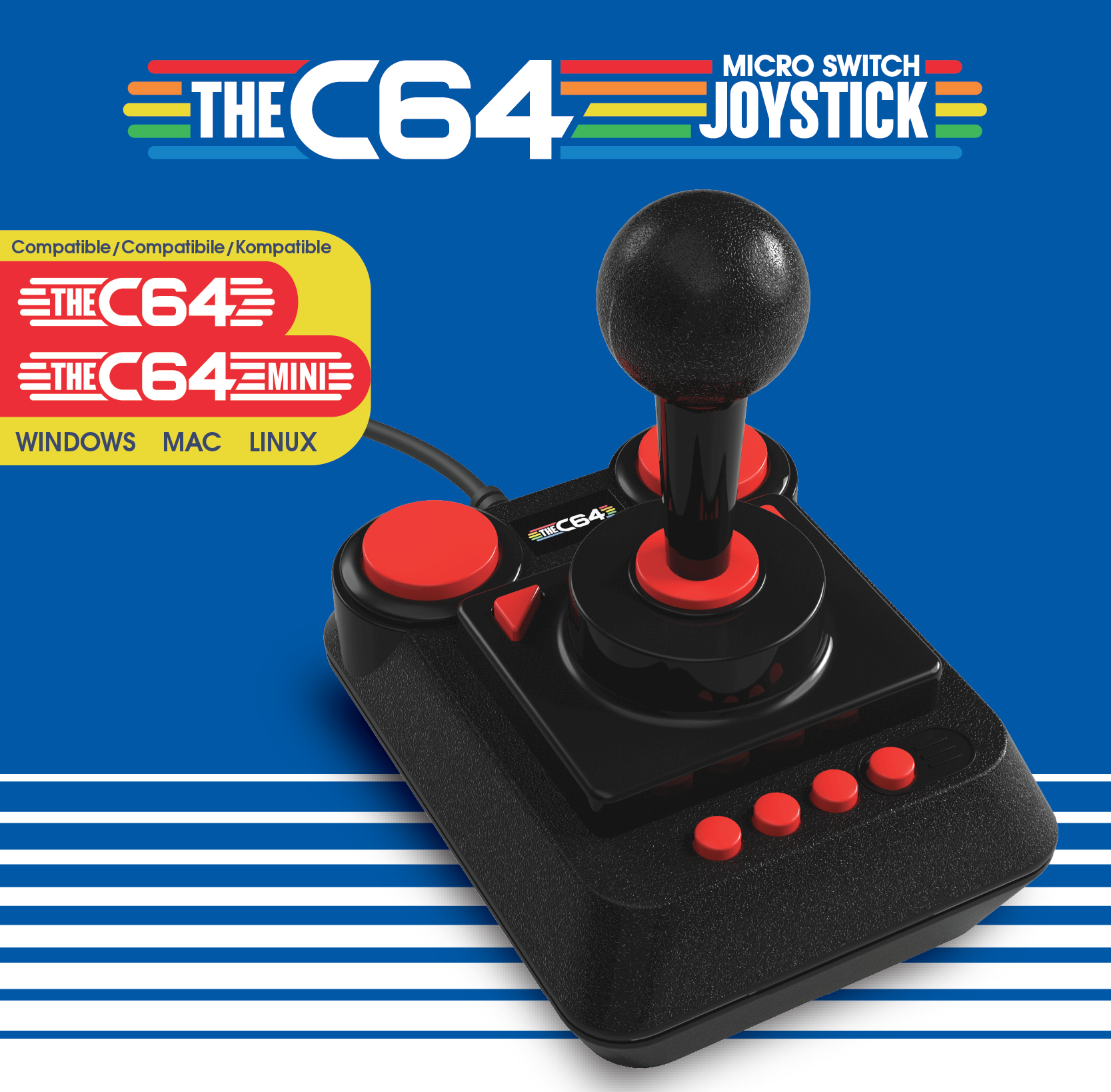 Joystick mit roten Knöpfen, schwarze Basis. Die Box hat das Logo von The C64 und The C64 Mini.