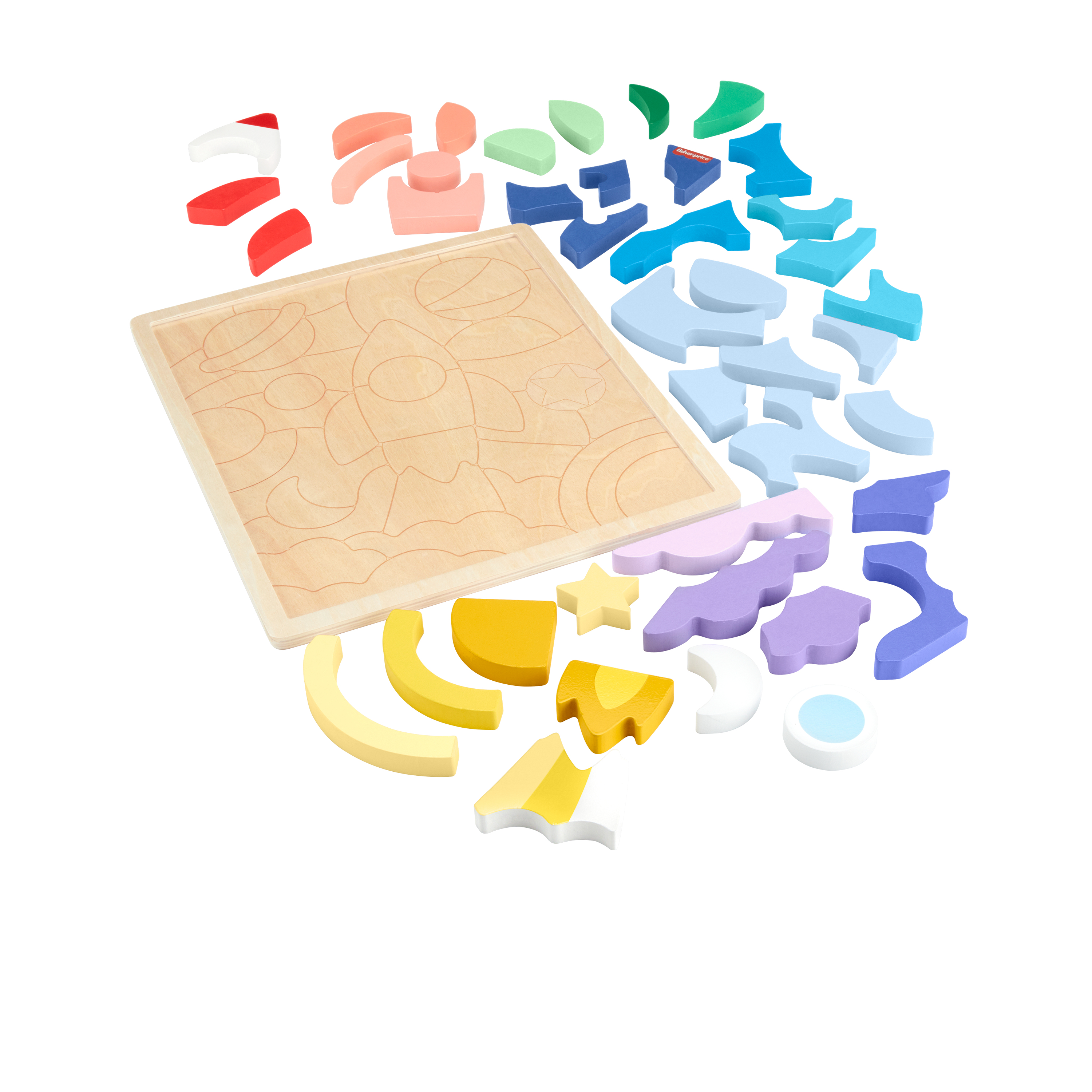 Drewniana układanka z kolorowymi kształtami i pustą ramką.