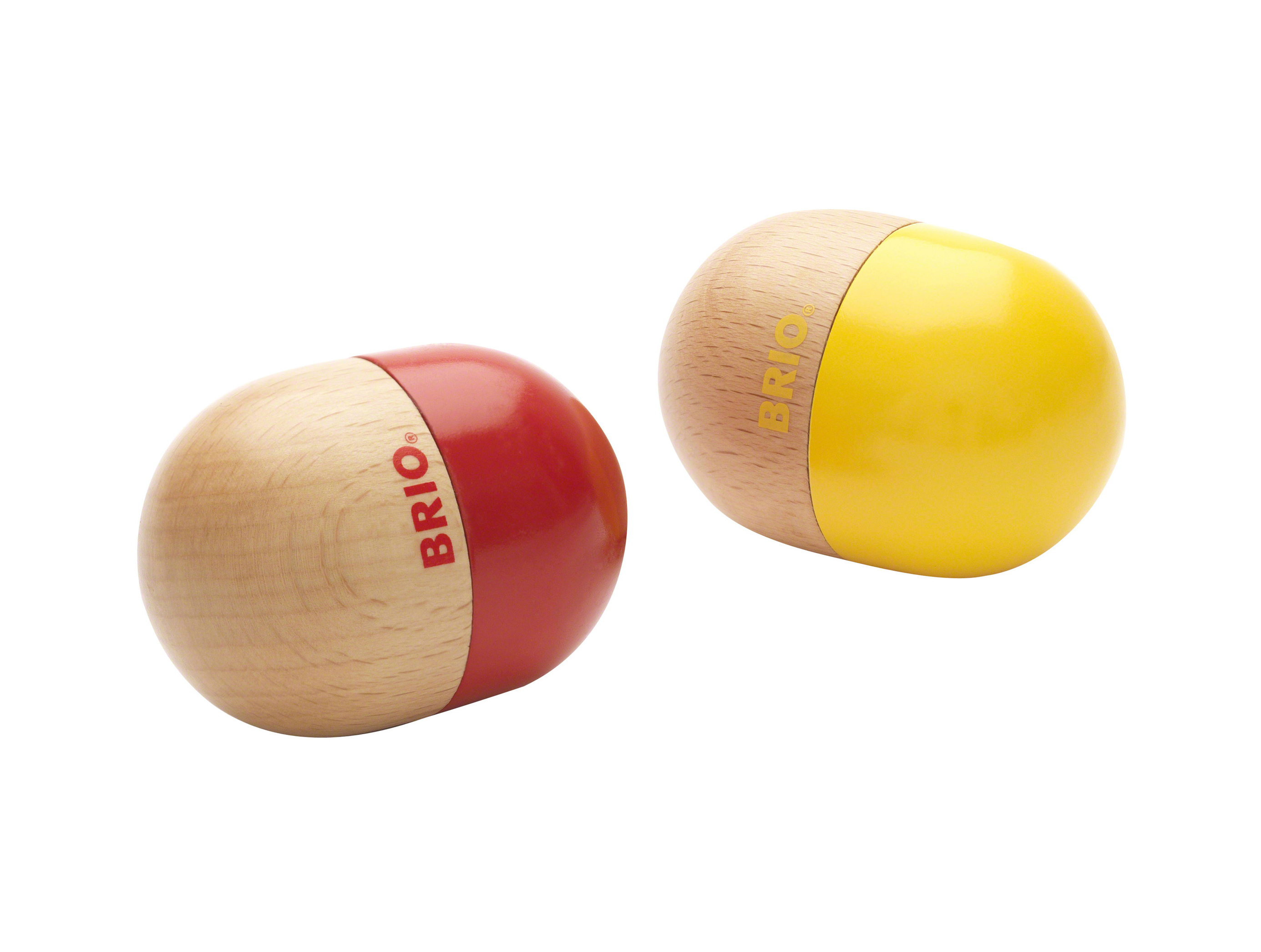 Dos Brio Musical Shakers. Uno rojo y otro amarillo, con una sección central de madera.
