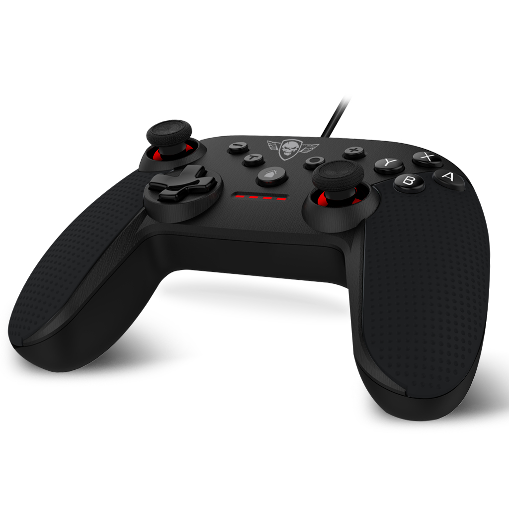 Black game controller with red accents. D-pad, buttons, and joysticks visible. White background.