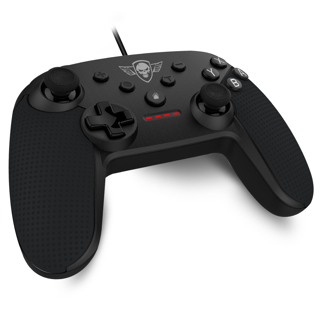 Black game controller. Buttons, directional pad, and skull logo. Angled view.