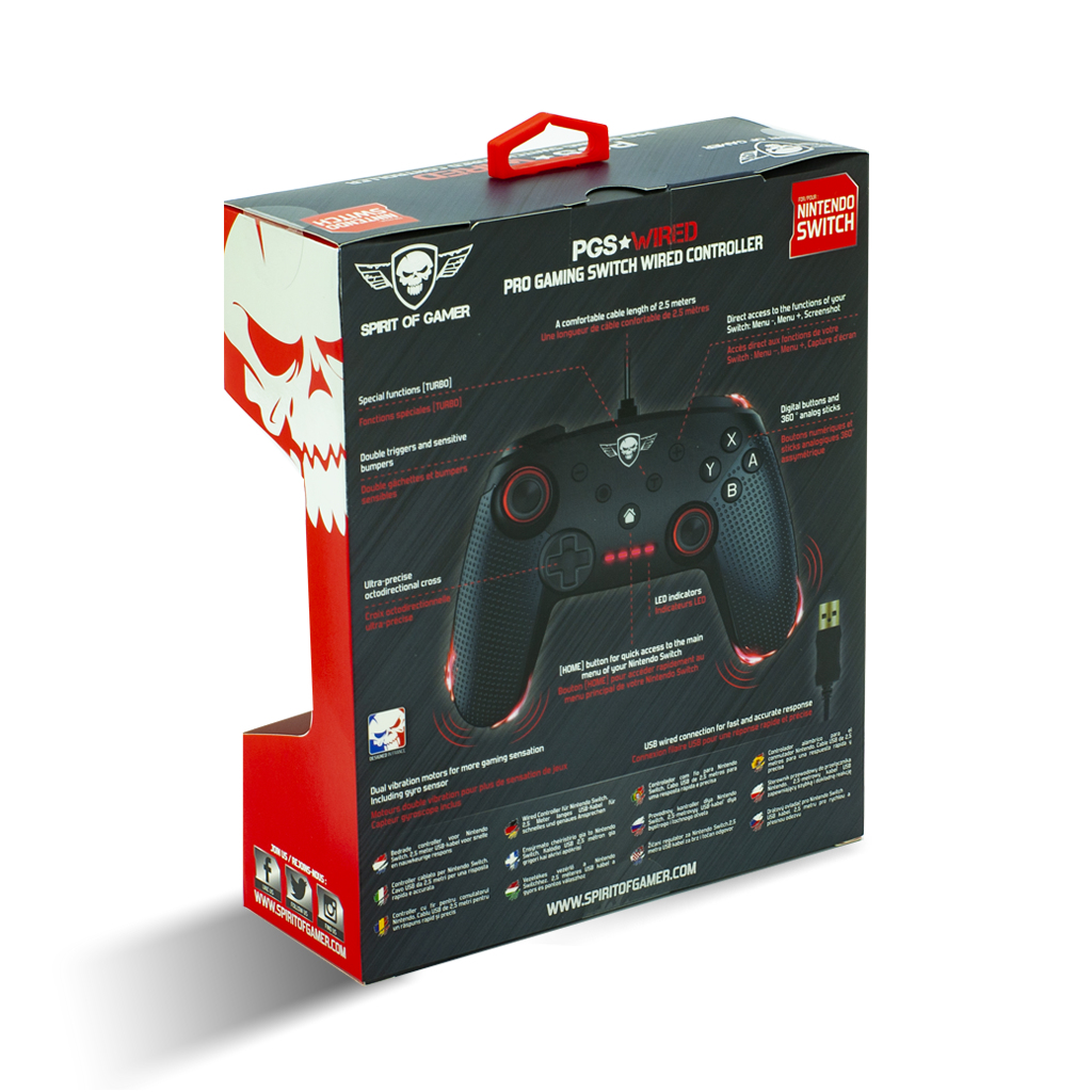 Game controller box. Black controller, buttons, and a skull logo. Text and images on the box.