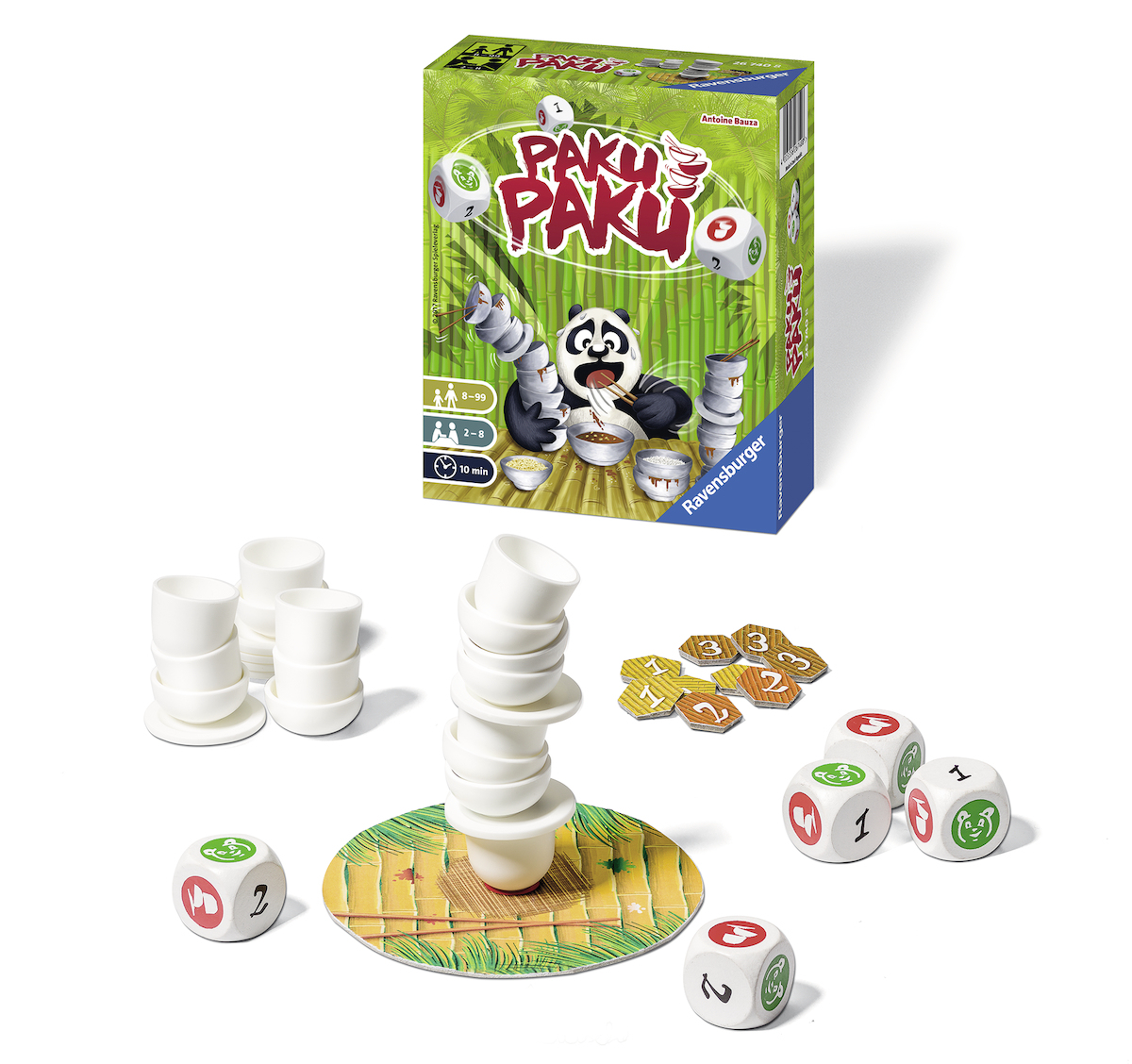 A board game box: 'Paku Paku' with panda, bamboo, and dice, plus stack of bowls and other game pieces.