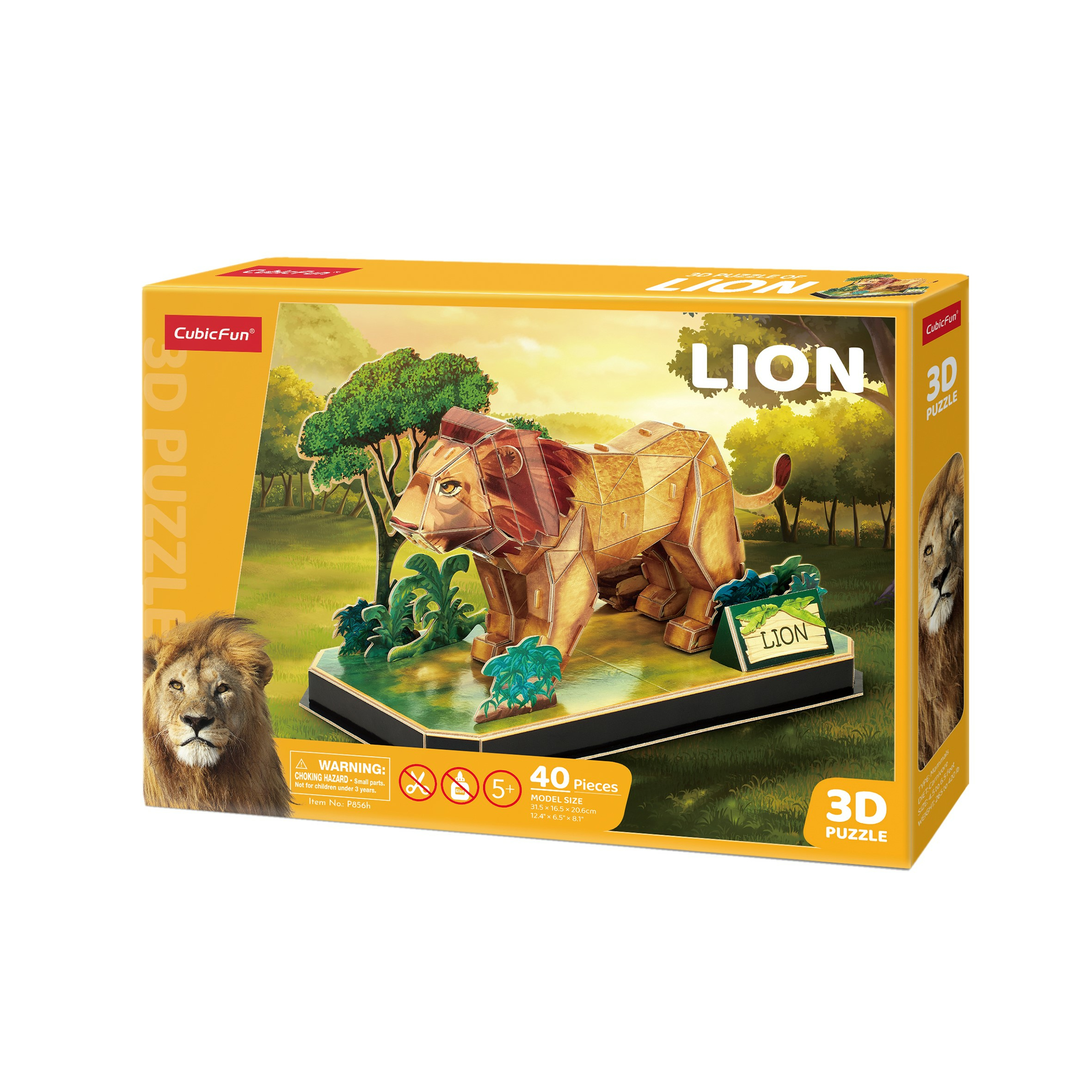 Een 3D-puzzeldoos. Het leeuwenmodel op een standaard met een jungle-achtergrond.