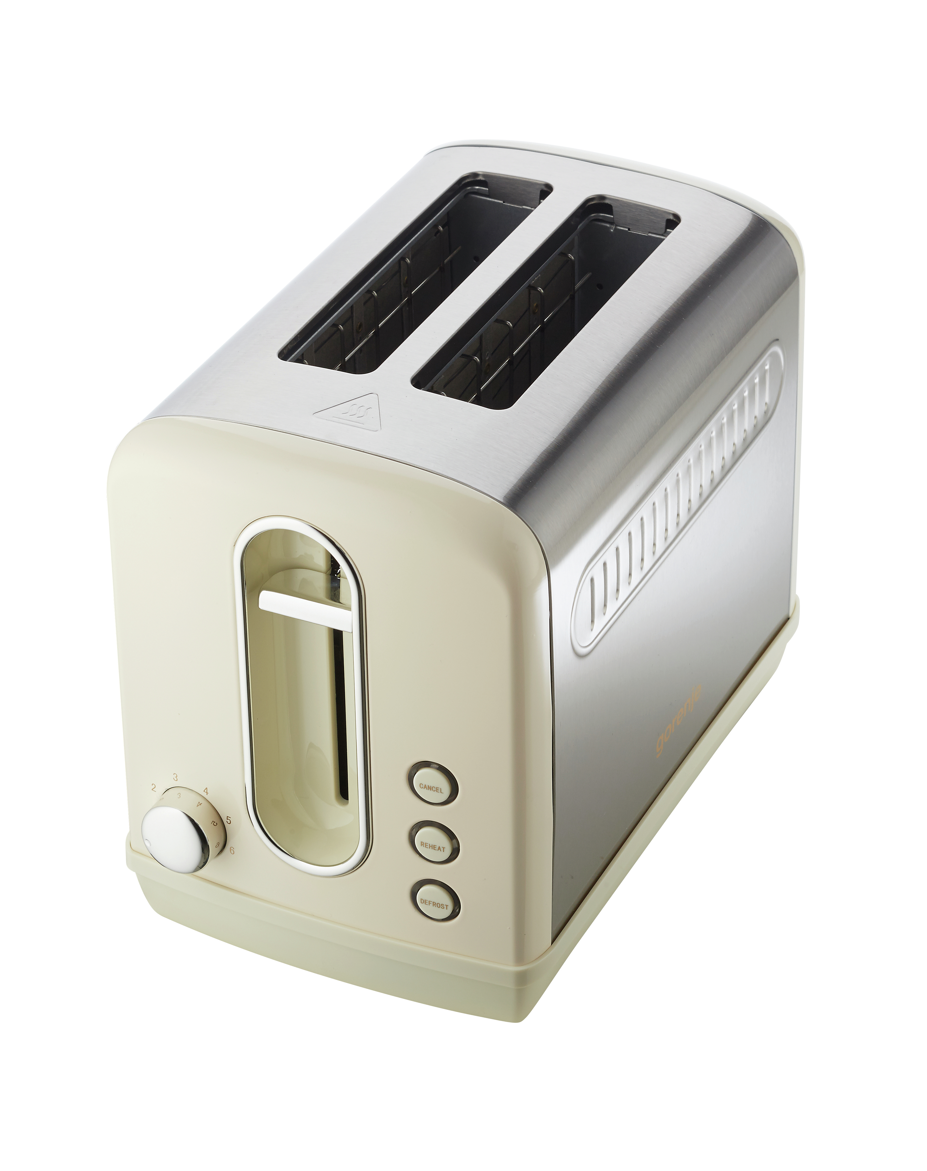 Kremowy i srebrny toster z dwoma otworami. Ma pokrętło do ustawień i trzy przyciski poniżej otworów.