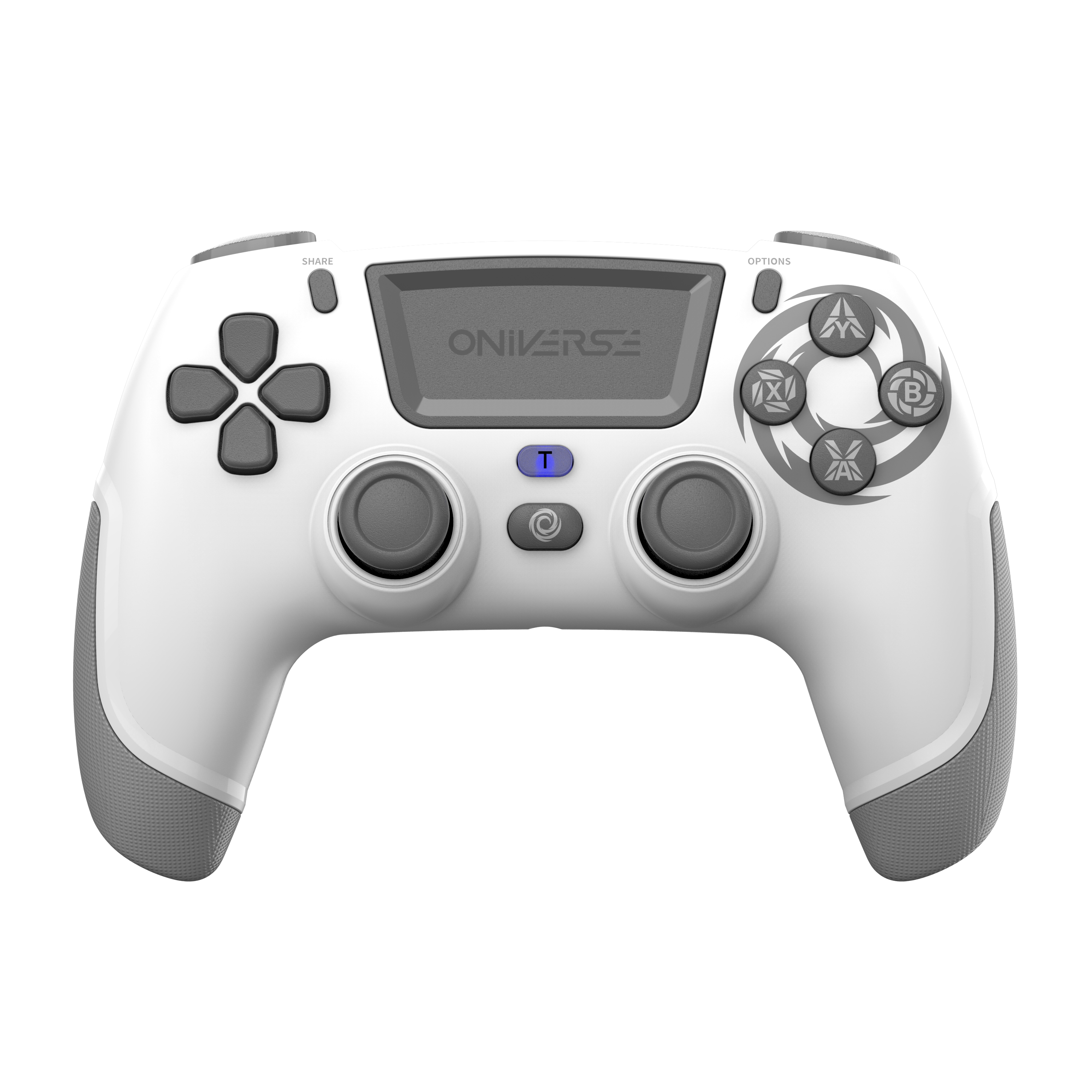 Controller di gioco bianco e grigio con pulsanti e joystick. 'ONIVERSE' è scritto sul pannello centrale.