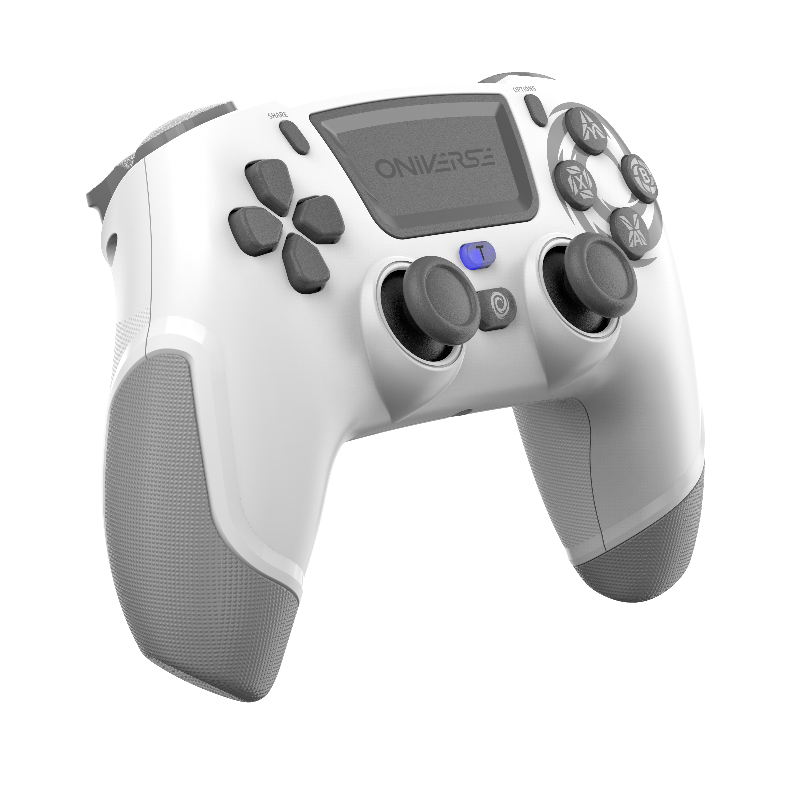 Controller di gioco bianco e grigio con pulsanti e joystick. 'ONIVERSE' è scritto sul pannello centrale.