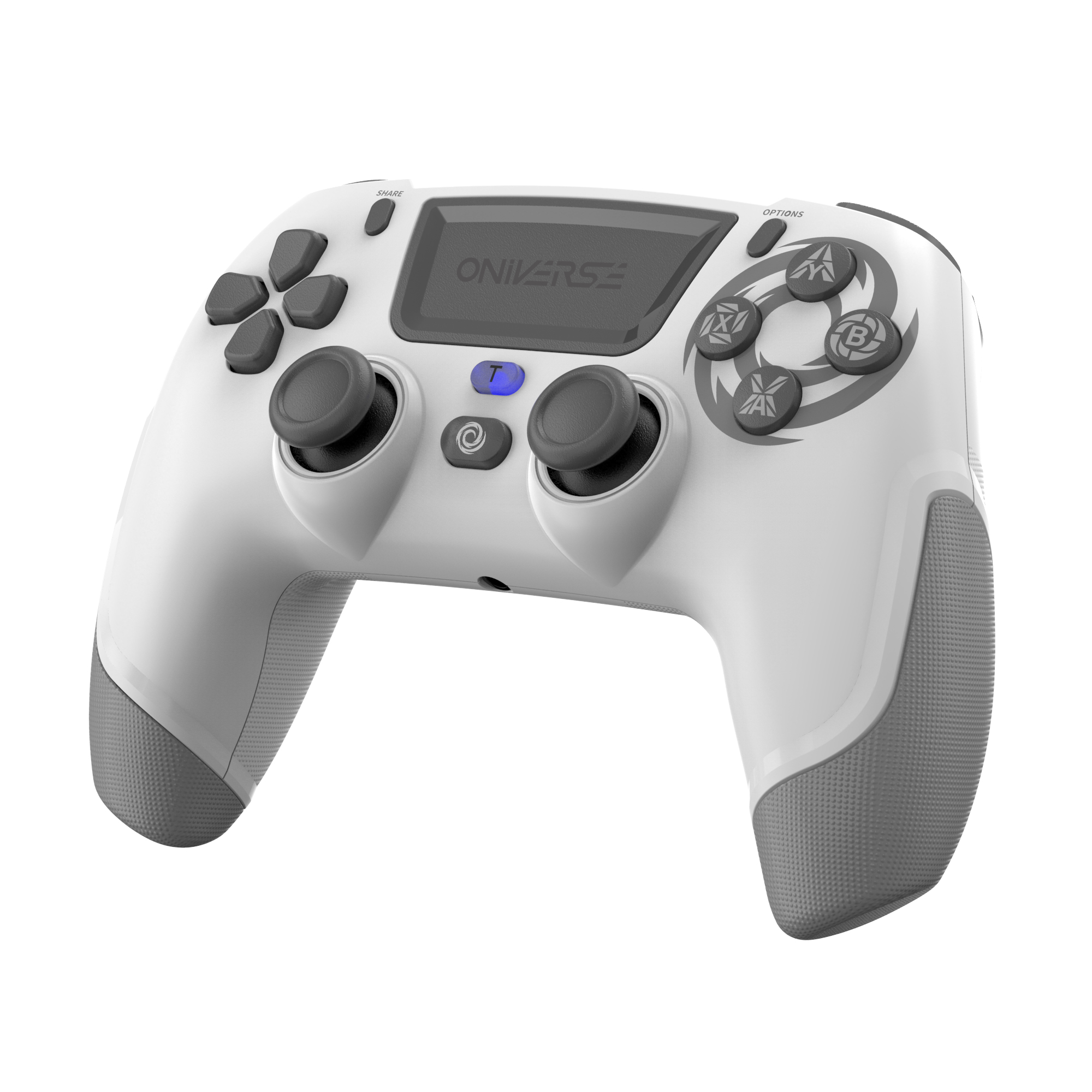 Controller di gioco bianco e grigio con pulsanti e joystick, isolato su sfondo bianco.