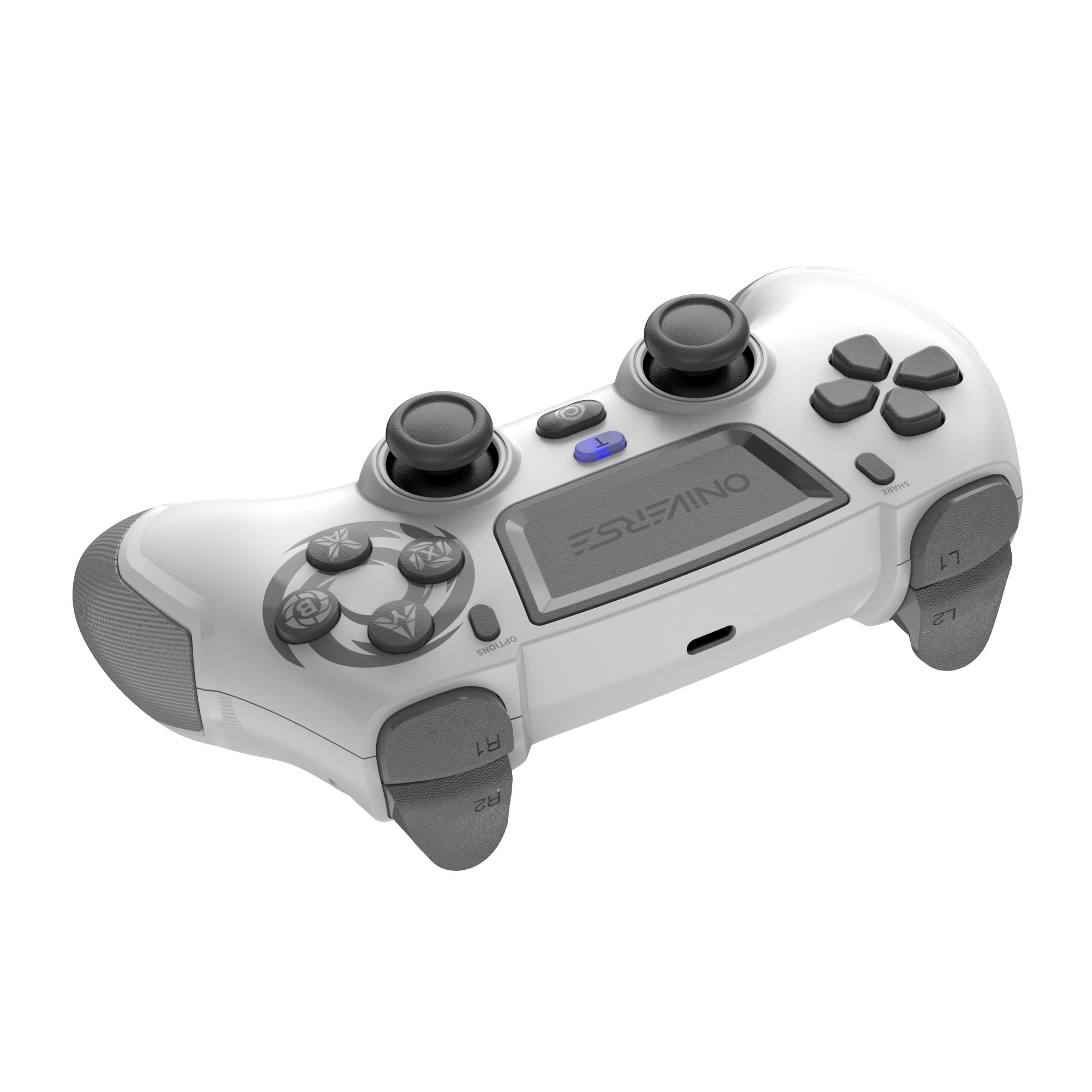 Un controller di gioco bianco e grigio con diversi pulsanti e uno schermo. La parola 'ONIVERSE' è stampata.