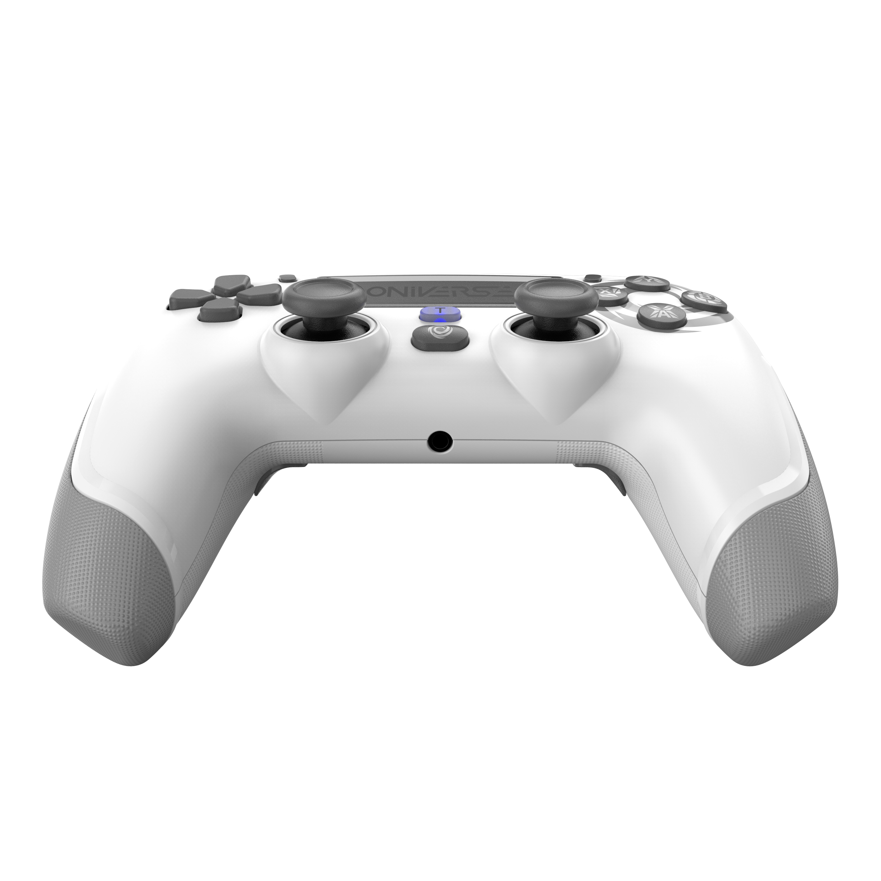 Controller di gioco bianco e grigio con pulsanti e joystick, isolato su sfondo bianco.