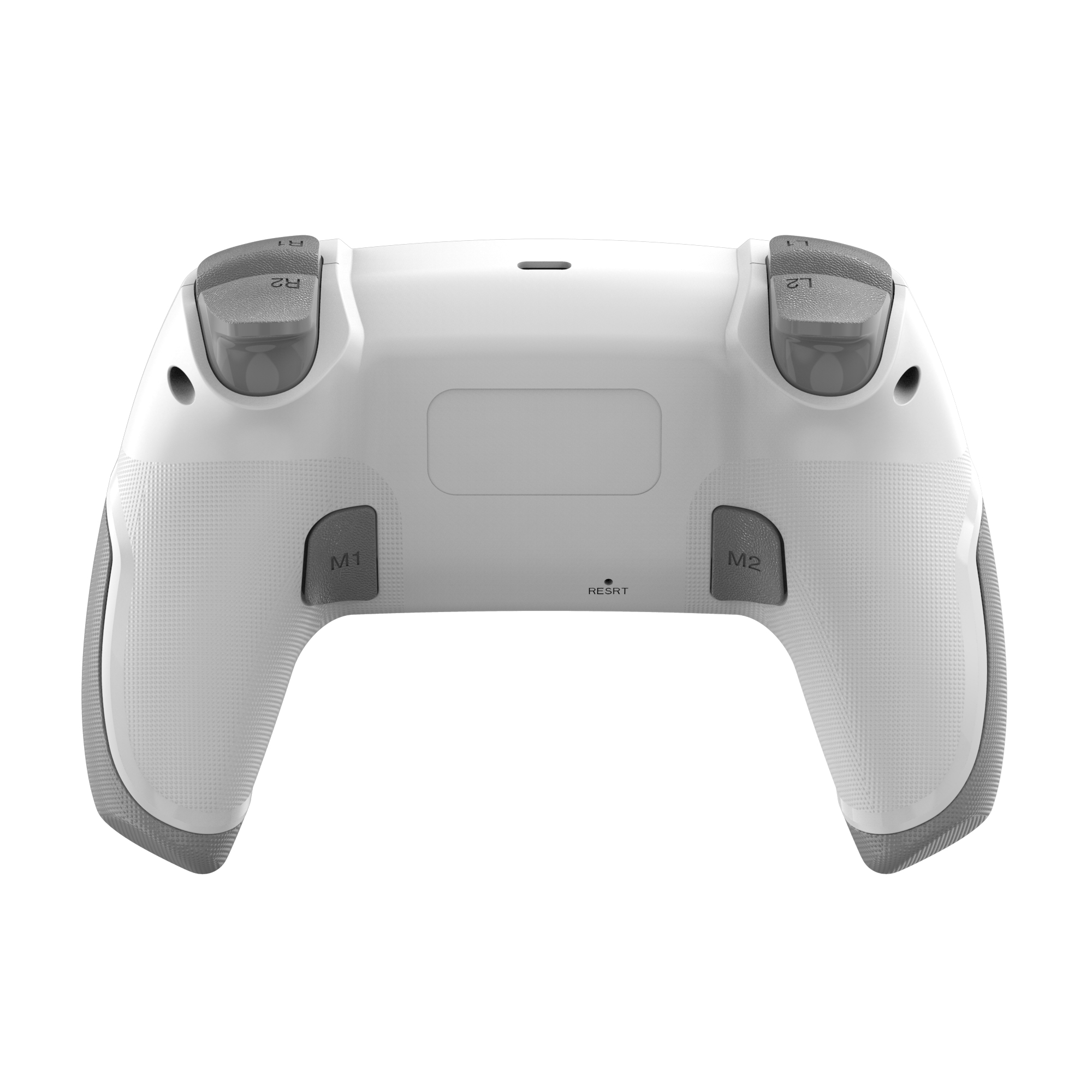 Il retro di un controller bianco e grigio. Ha i pulsanti M1, M2 e reset. Le impugnature sono strutturate.