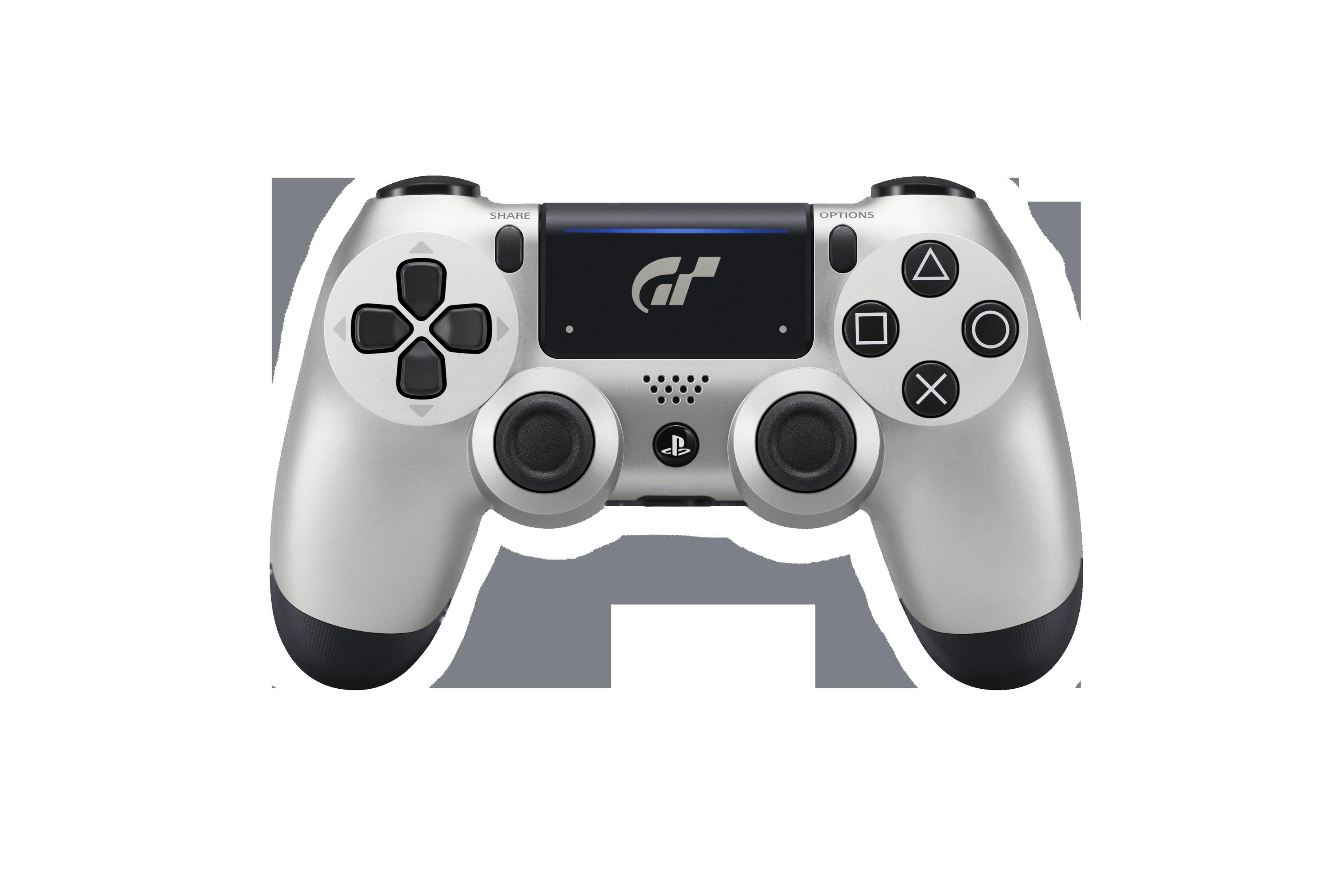 Silberner Gamecontroller mit schwarzen Knöpfen und PlayStation-Logo, auf weißem Hintergrund.