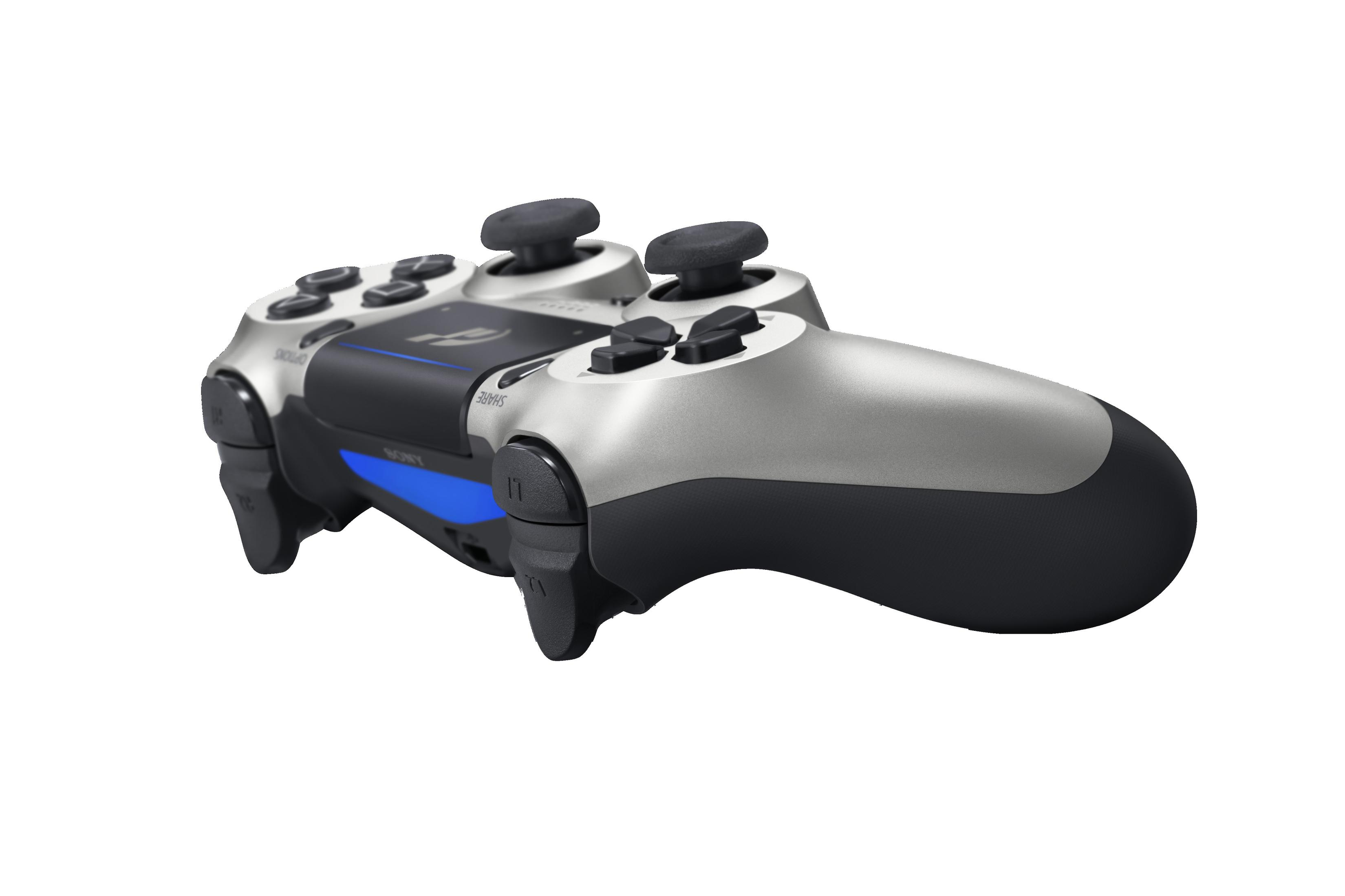 Seitenansicht eines silbernen und schwarzen PS4-Controllers. Das Touchpad ist schwarz und die Tasten sind grau.