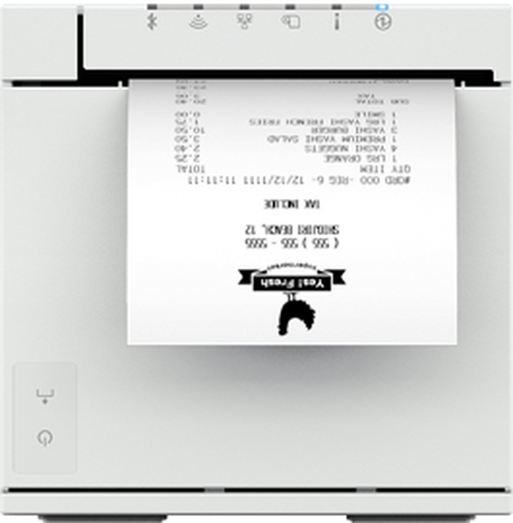 Biała drukarka drukująca paragon, pokazująca rachunek z restauracji z logo sklepu.