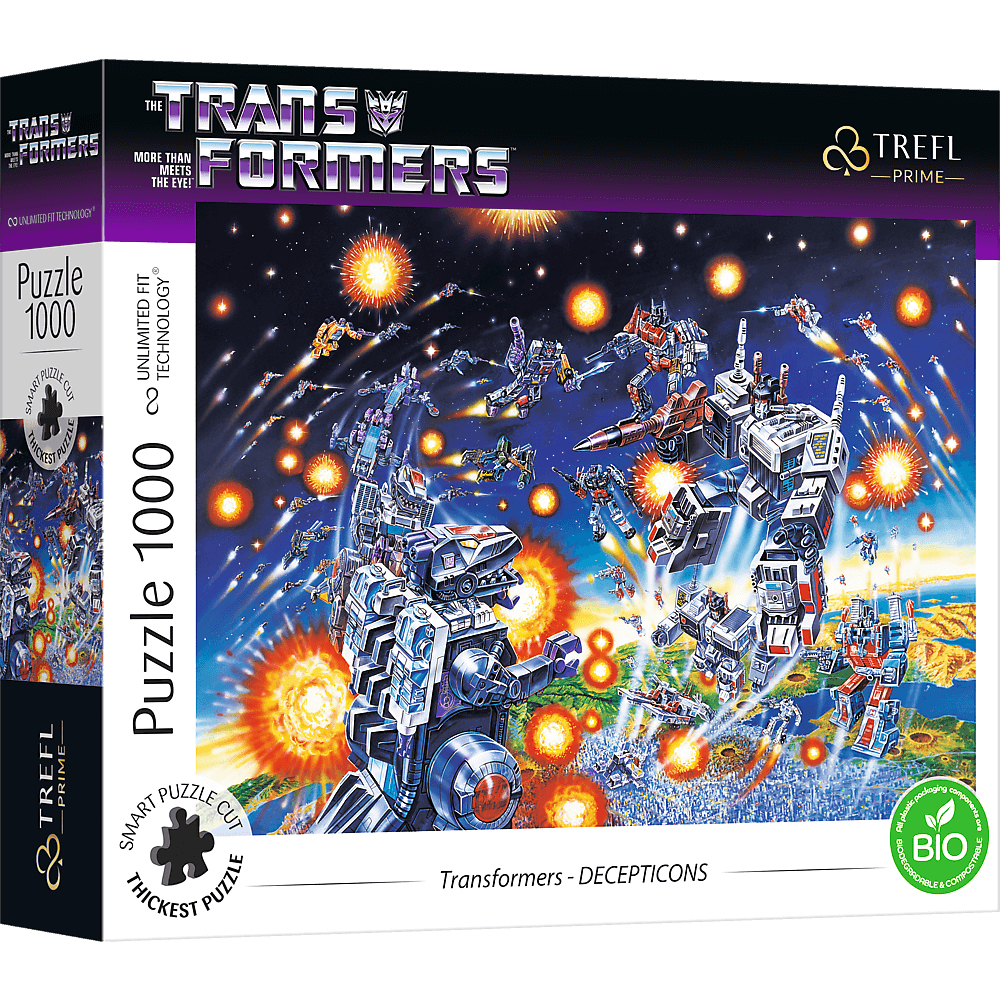 Scatola di puzzle con un'immagine di Transformers, robot in azione. Colori viola e blu.